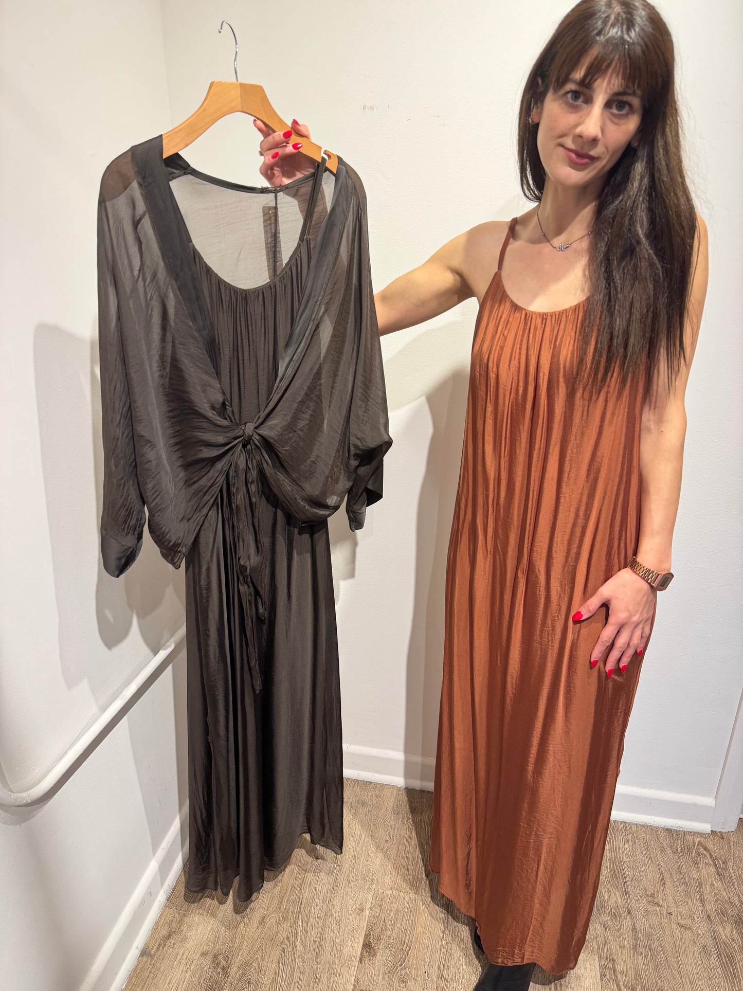 Italian Silk 2 Piece Set – Tie Front Maxi Dress Layered Top | Batwing Sleeve Boho Set | One Size