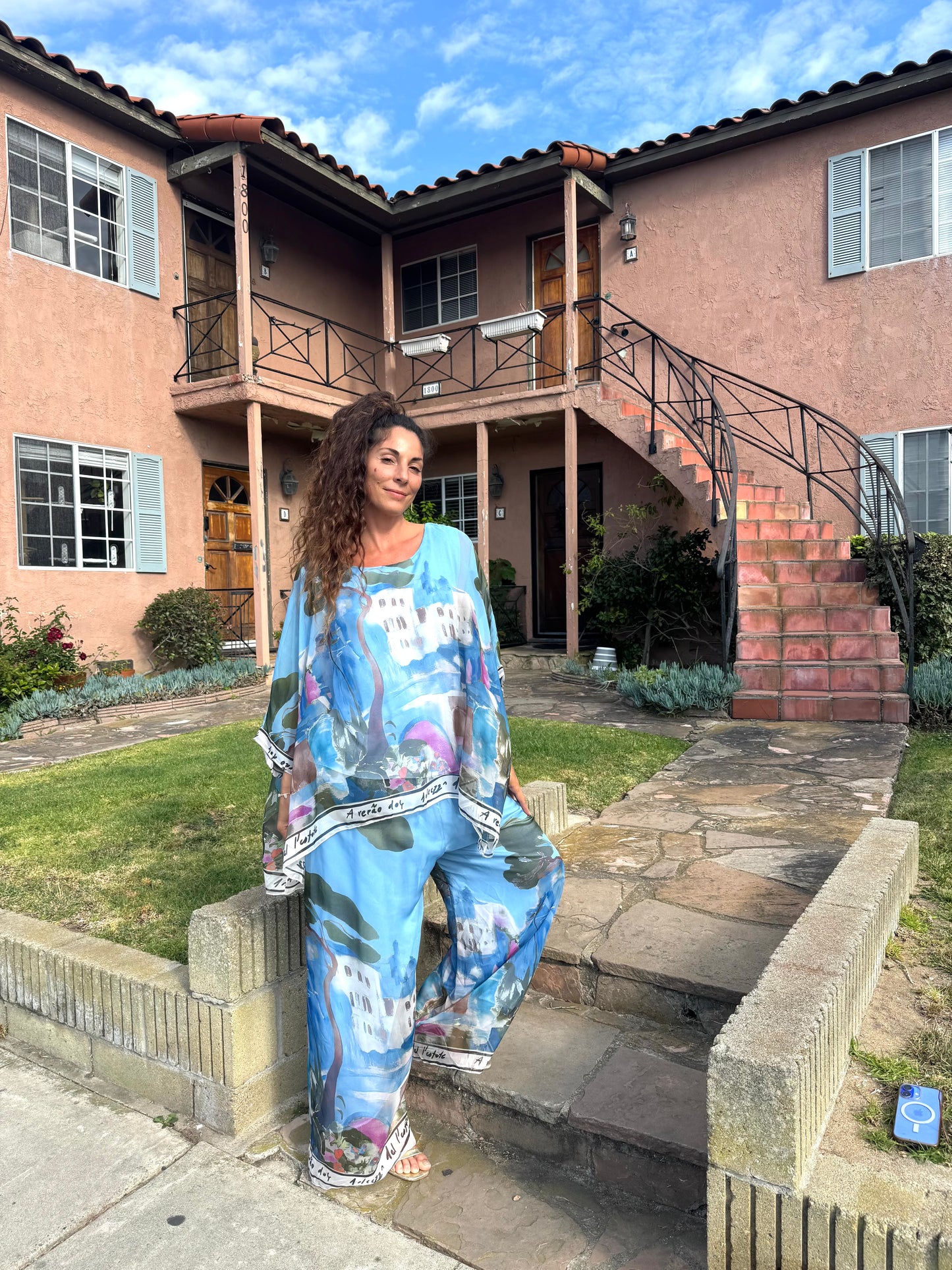 Mediterranean Art Print Silk Top – Made in Italy Silk Shirt – Boho Resort Wear Tunic