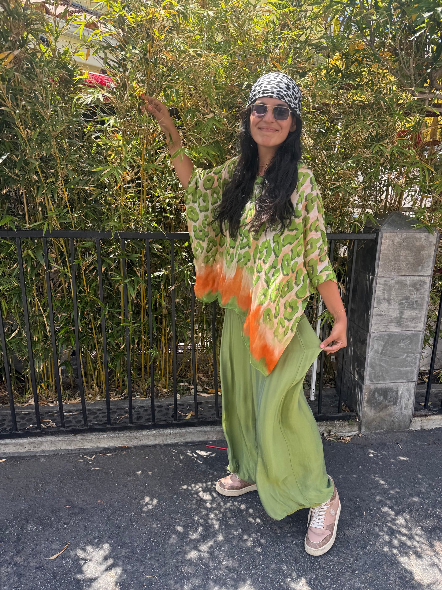 Silk Leopard Print Top – Lime Green & Orange Silk Tunic, One Size Boho Luxury Blouse