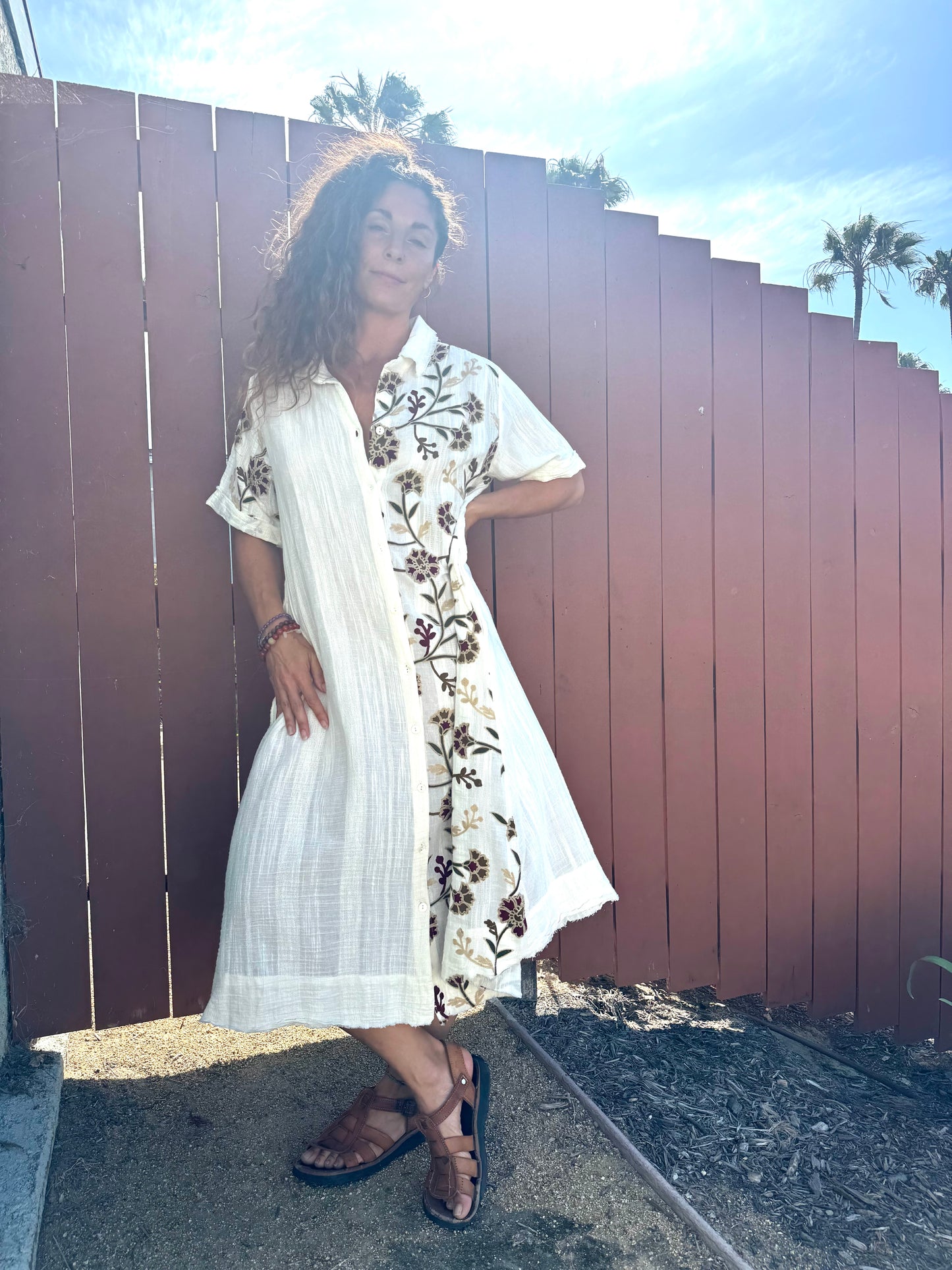 Embroidered Cotton Shirt Dress | Boho Maxi Dress | Button Front | One Size