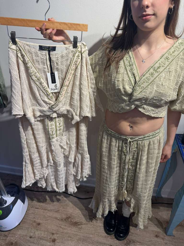 Boho Patchwork Gauze Crop Top & Asymmetrical Skirt Set – One Size – Festival Style Two Piece Outfit
