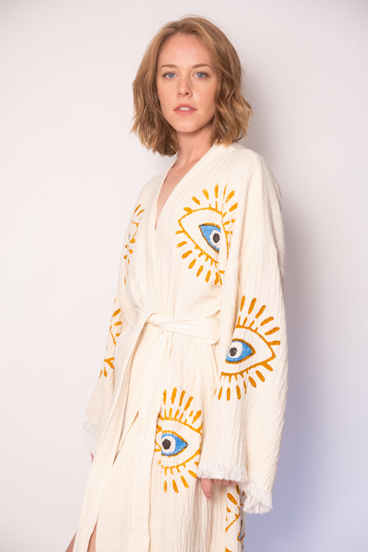 Natural Color Evil Eye Cotton Robe