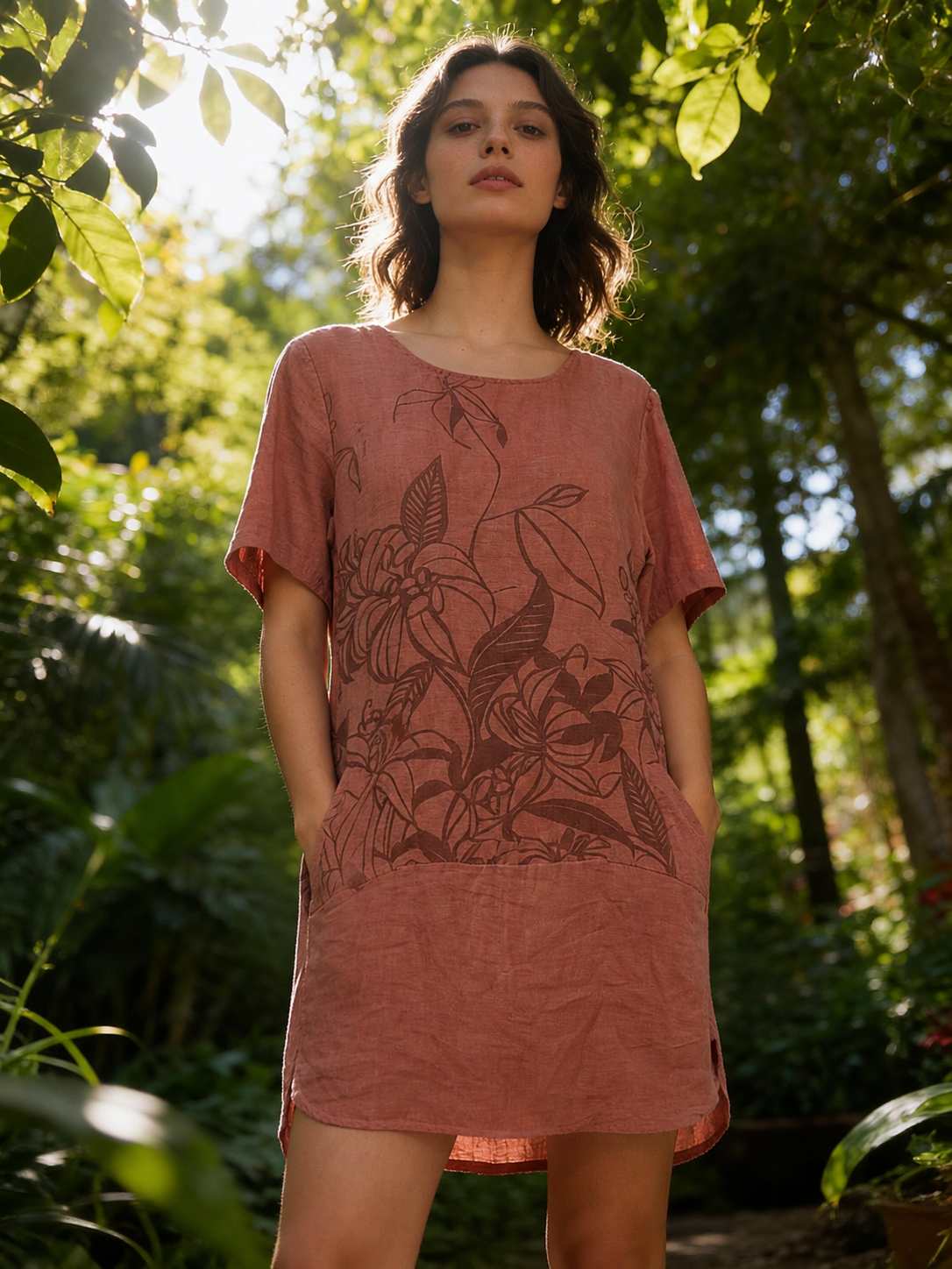 Italian Linen Floral Pocket Dress – One Size Boho Tunic Dress – Made in Italy