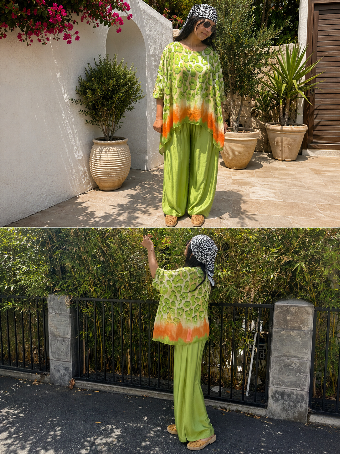 Silk Leopard Print Top – Lime Green &amp; Orange Silk Tunic, One Size Boho Luxury Blouse