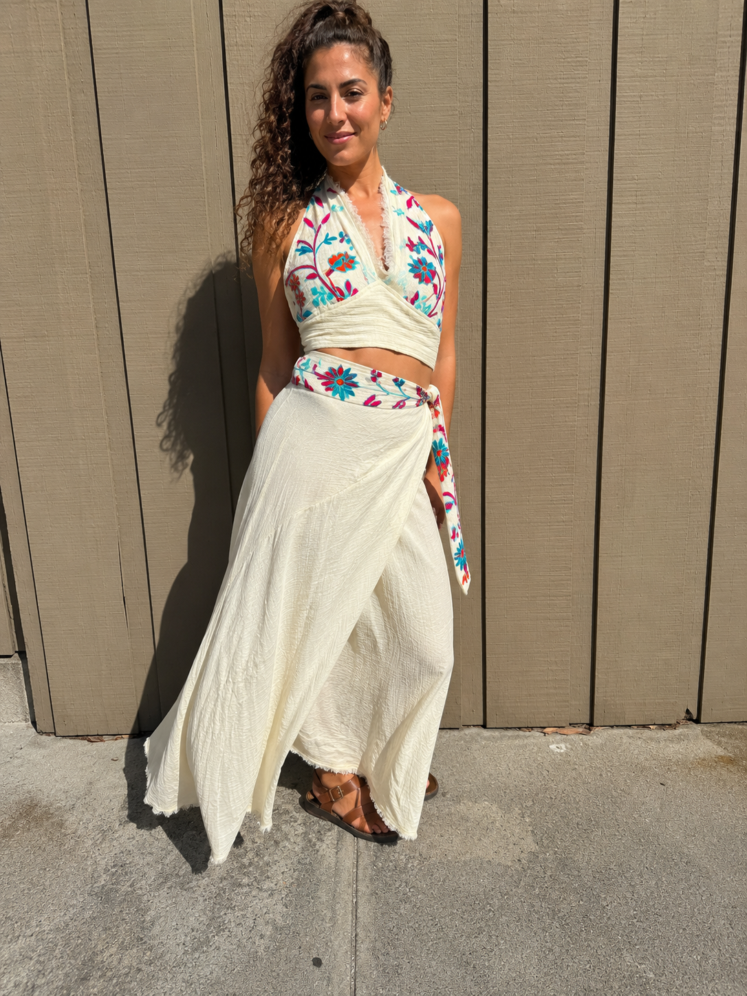 Boho Embroidered Two-Piece Maxi Skirt Set | White Cotton Crop Top &amp; Wrap Skirt | Resort Wear | Festival Outfit | Handmade Style