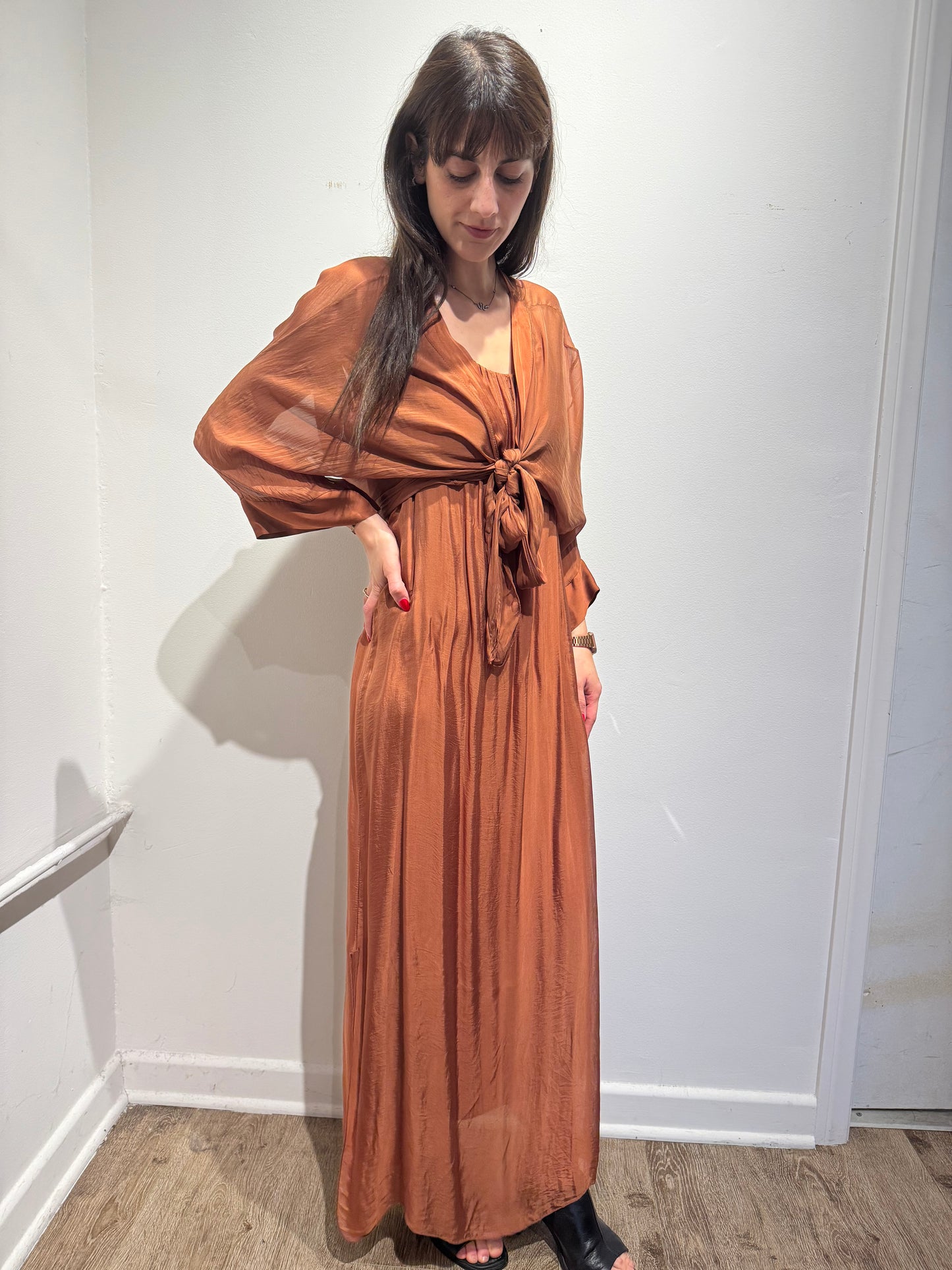 Italian Silk 2 Piece Set – Tie Front Maxi Dress Layered Top | Batwing Sleeve Boho Set | One Size