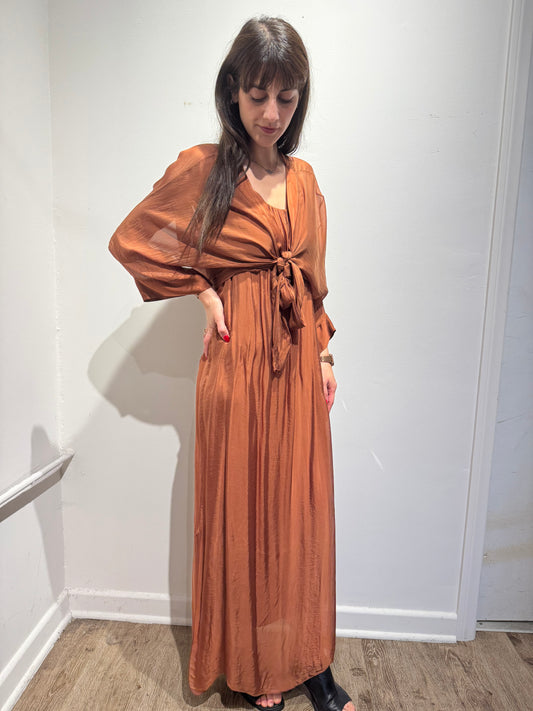 Italian Silk 2 Piece Set – Tie Front Maxi Dress Layered Top | Batwing Sleeve Boho Set | One Size