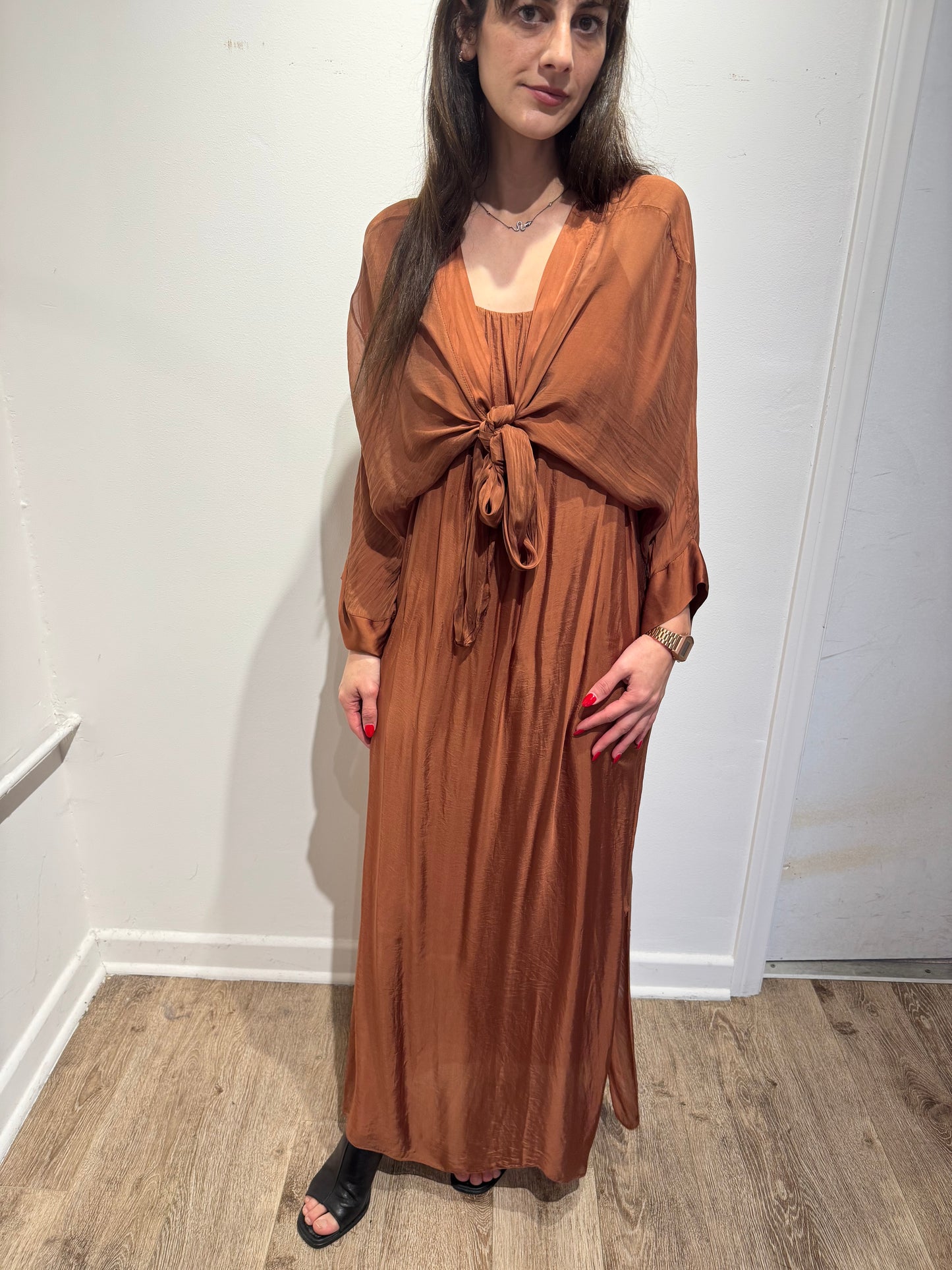 Italian Silk 2 Piece Set – Tie Front Maxi Dress Layered Top | Batwing Sleeve Boho Set | One Size