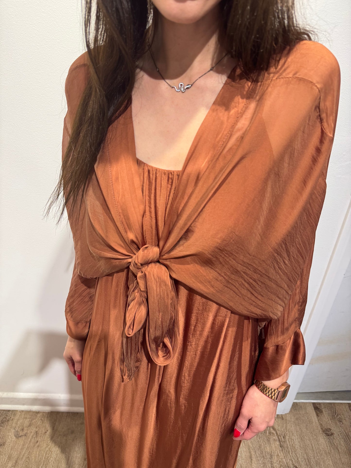 Italian Silk 2 Piece Set – Tie Front Maxi Dress Layered Top | Batwing Sleeve Boho Set | One Size