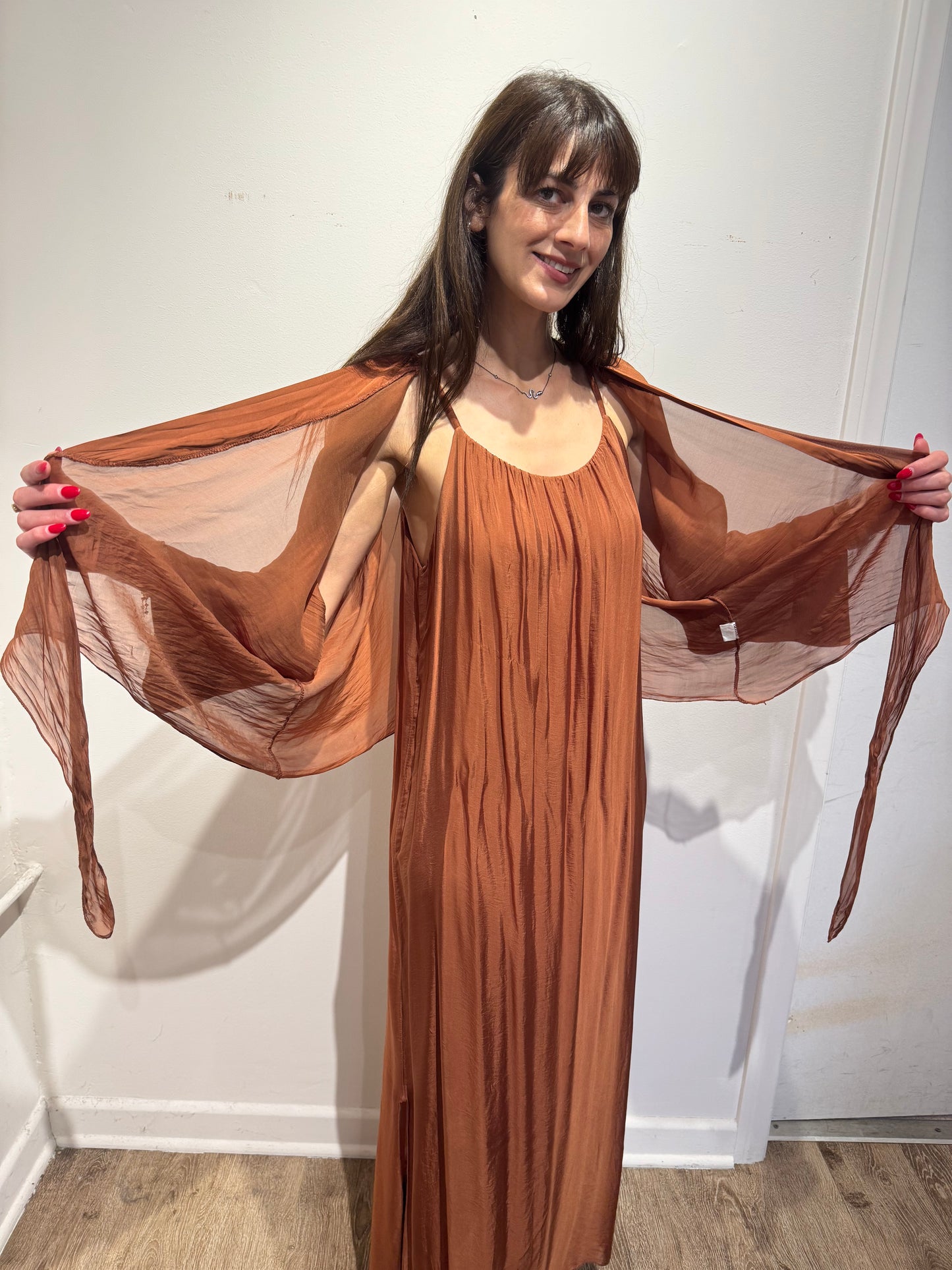 Italian Silk 2 Piece Set – Tie Front Maxi Dress Layered Top | Batwing Sleeve Boho Set | One Size