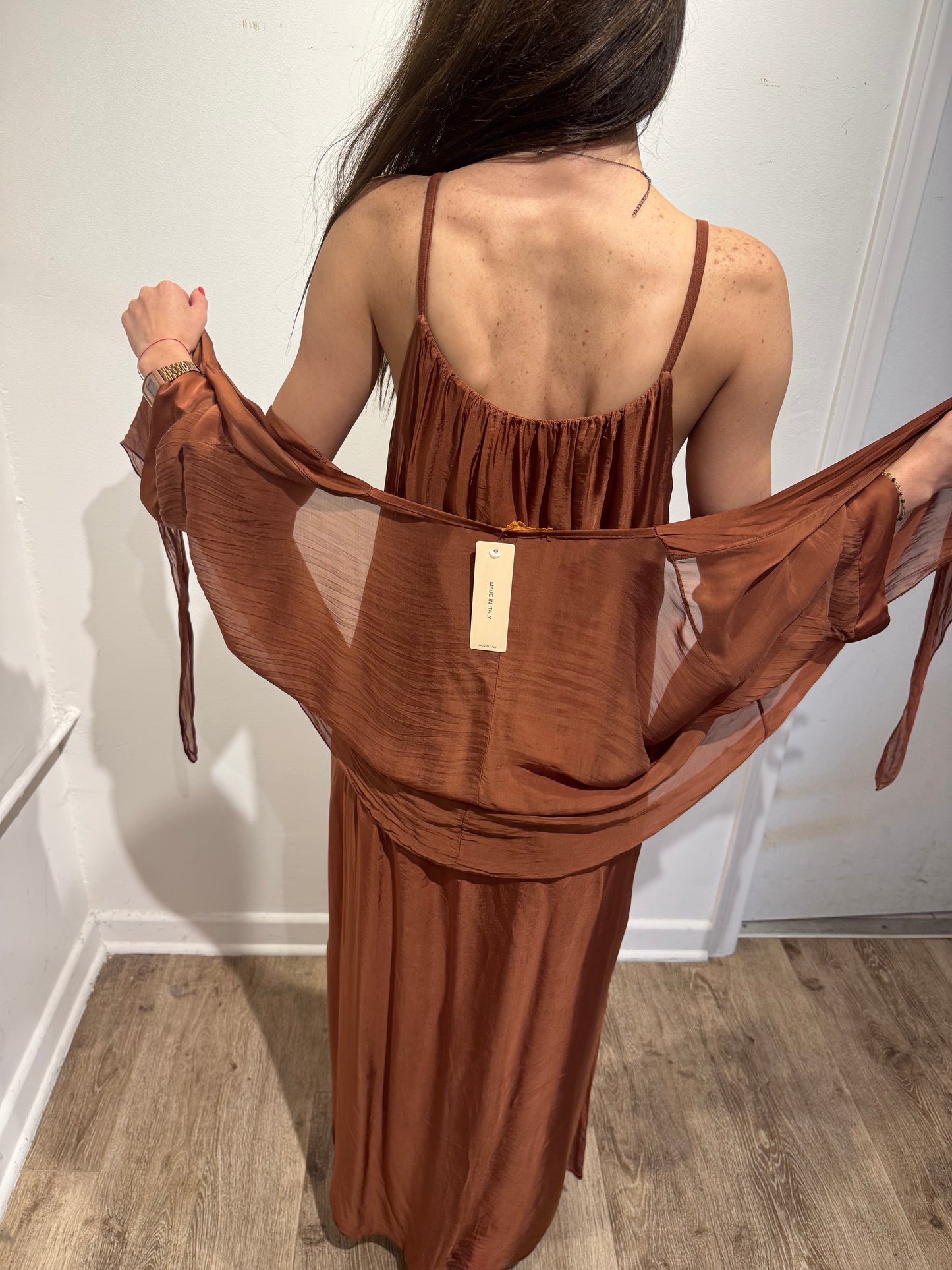 Italian Silk 2 Piece Set – Tie Front Maxi Dress Layered Top | Batwing Sleeve Boho Set | One Size