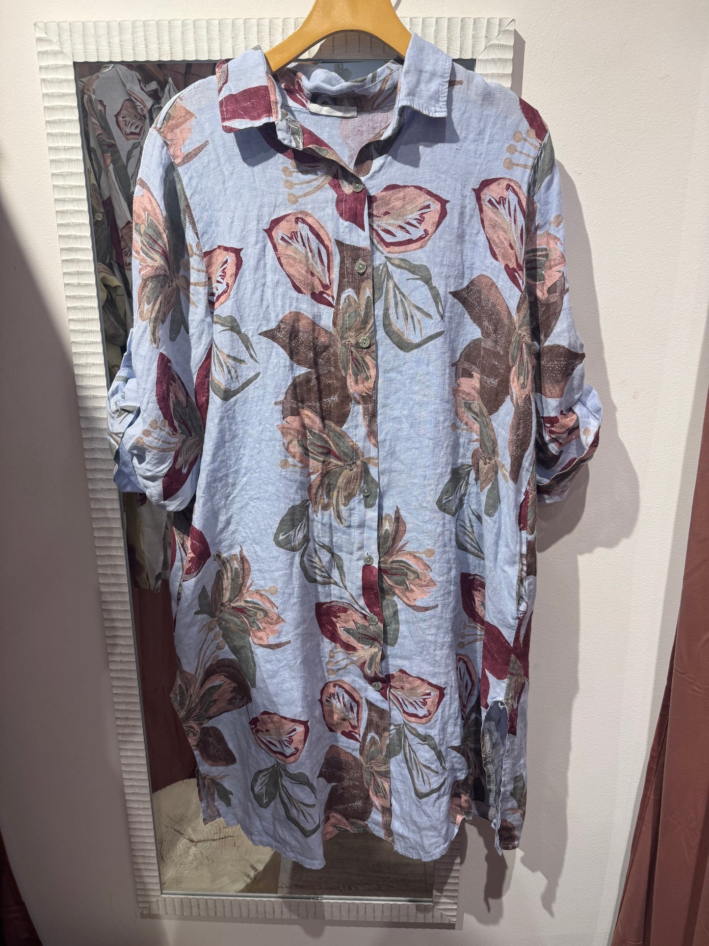 Linen Floral Shirt Dress – Made in Italy – One Size