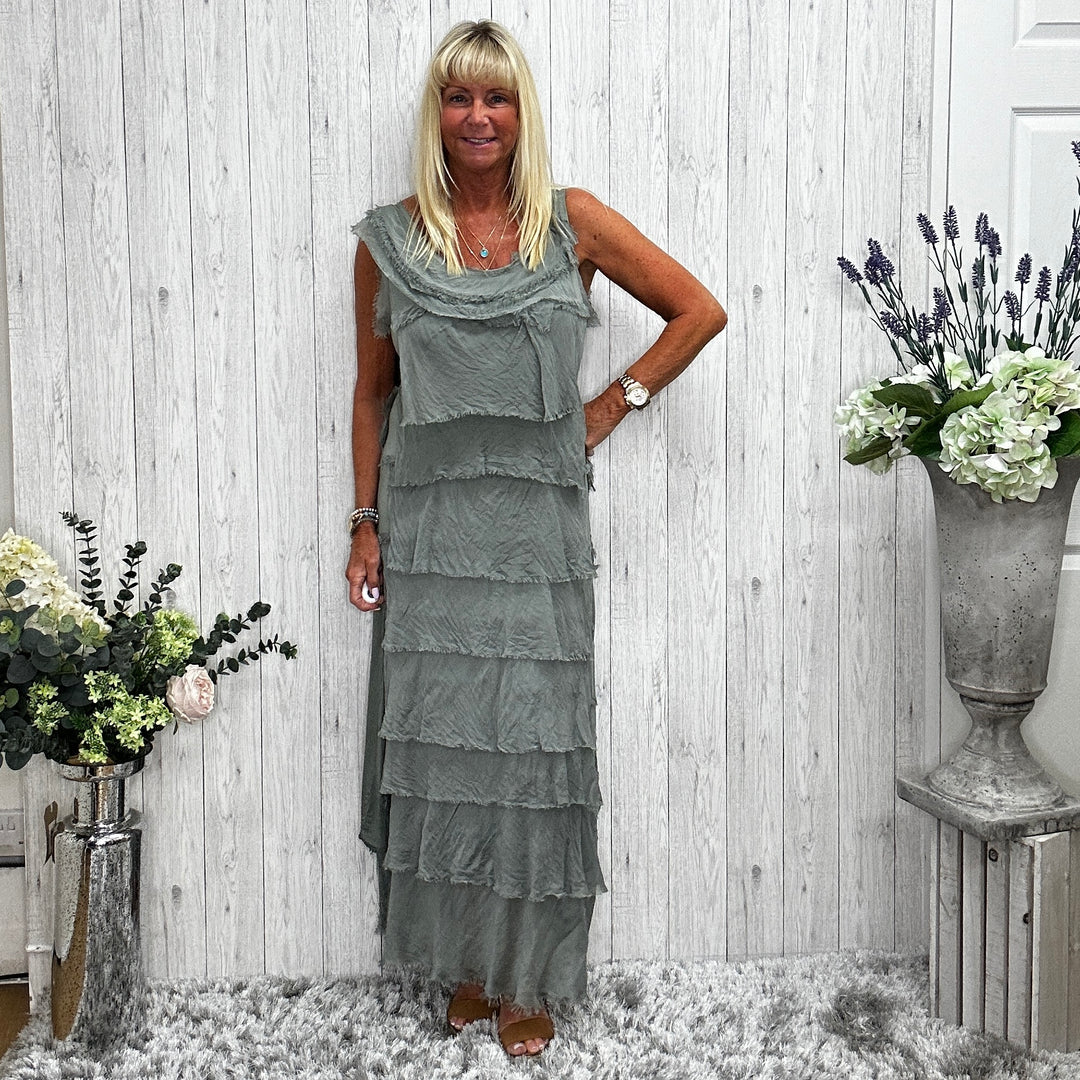 Silk Layered Ruffle Maxi Dress – Made in Italy