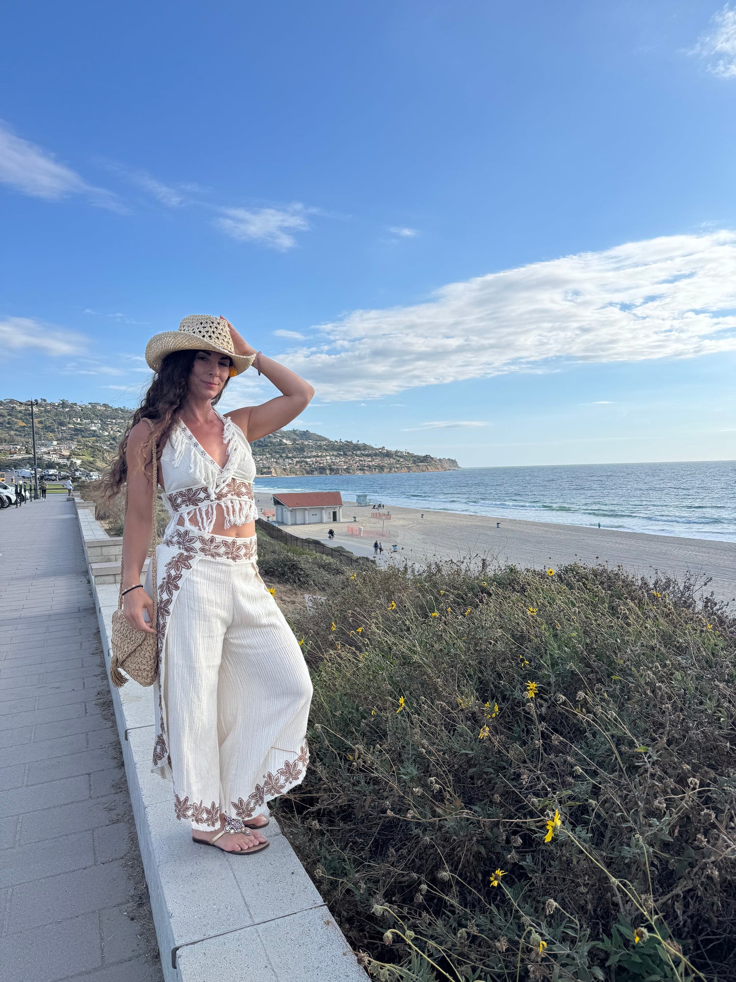 Fringe Embroidered Cotton Set – One Size Boho Chic Two Piece Outfit