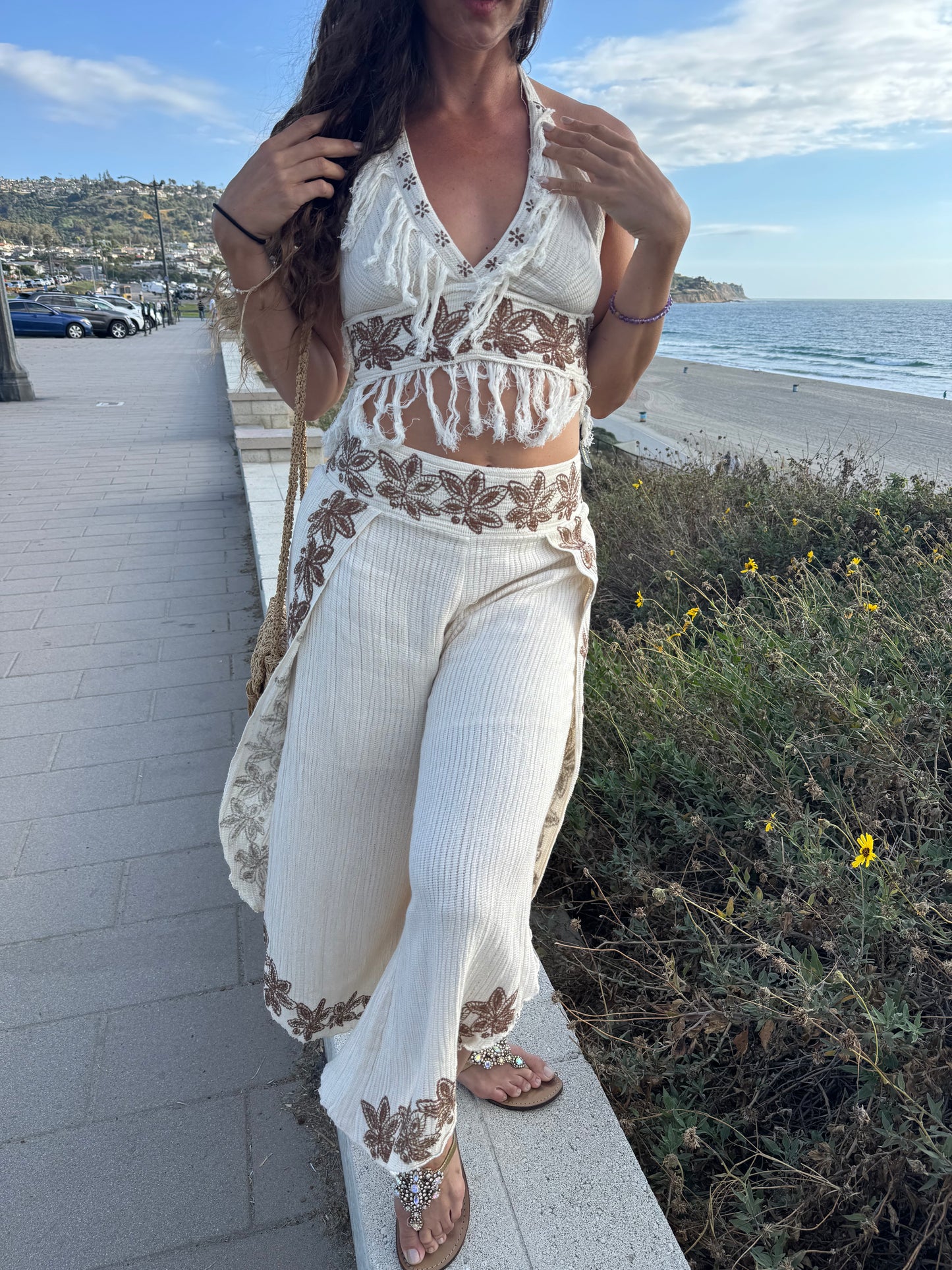 Fringe Embroidered Cotton Set – One Size Boho Chic Two Piece Outfit