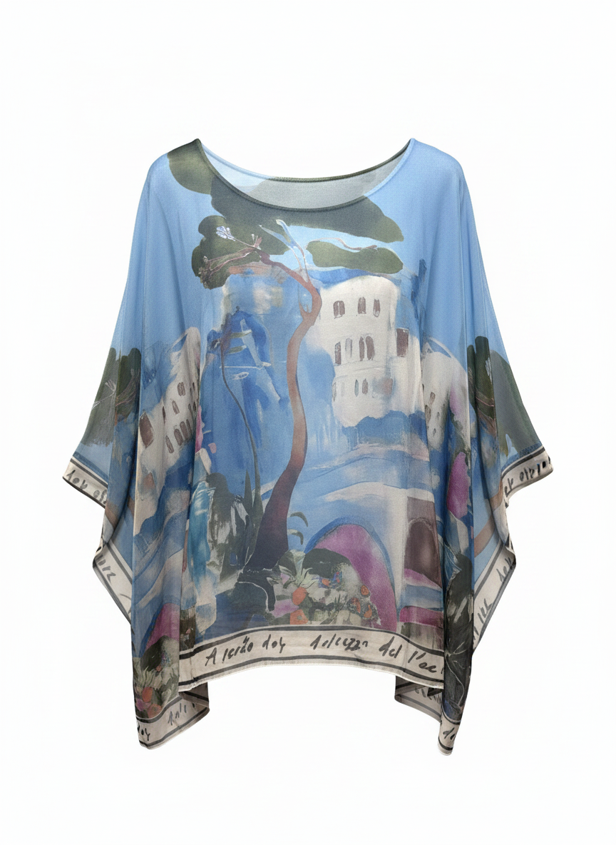 Mediterranean Art Print Silk Top  – Made in Italy Silk  Shirt – Boho Resort Wear Tunic