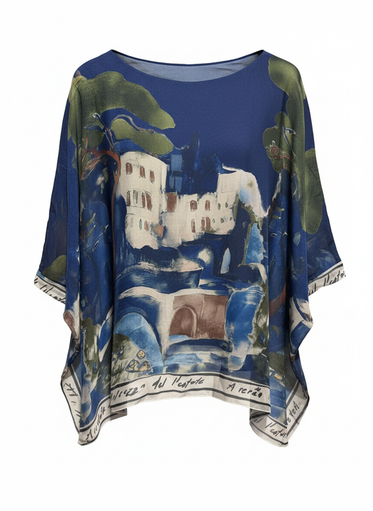 Mediterranean Art Print Silk Top  – Made in Italy Silk  Shirt – Boho Resort Wear Tunic