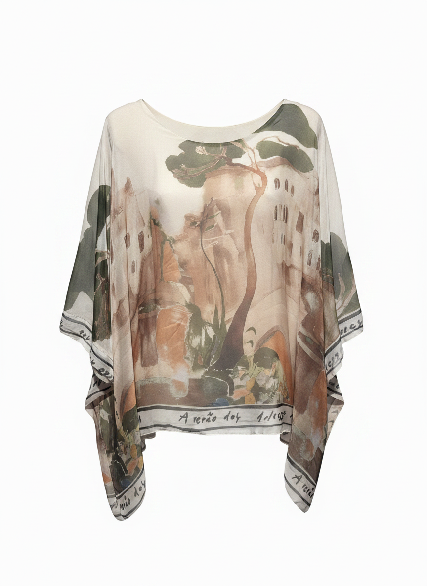 Mediterranean Art Print Silk Top  – Made in Italy Silk  Shirt – Boho Resort Wear Tunic