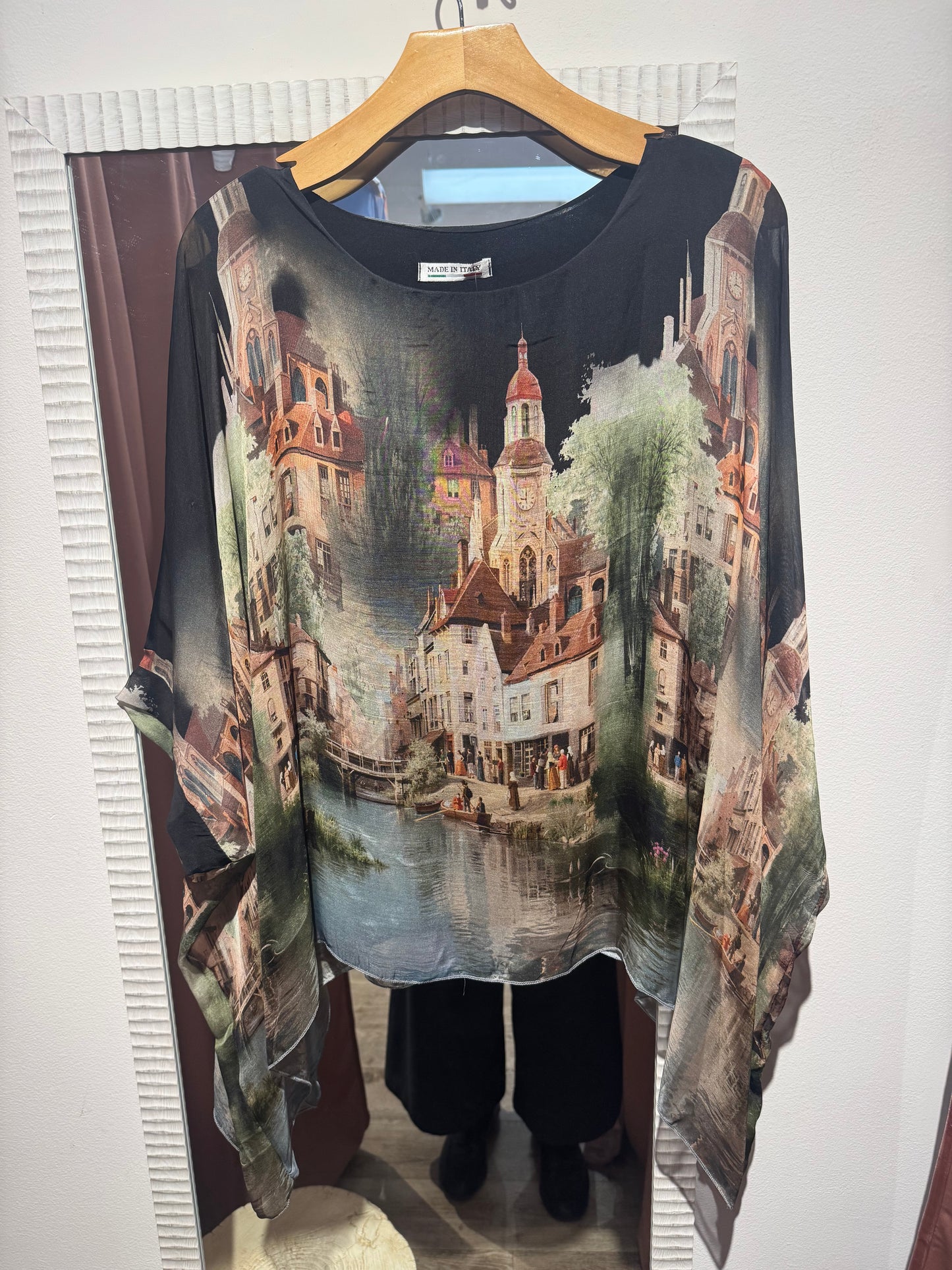 Made in Italy Romantic Cityscape Silk Blend Top – One Size Watercolor Blouses