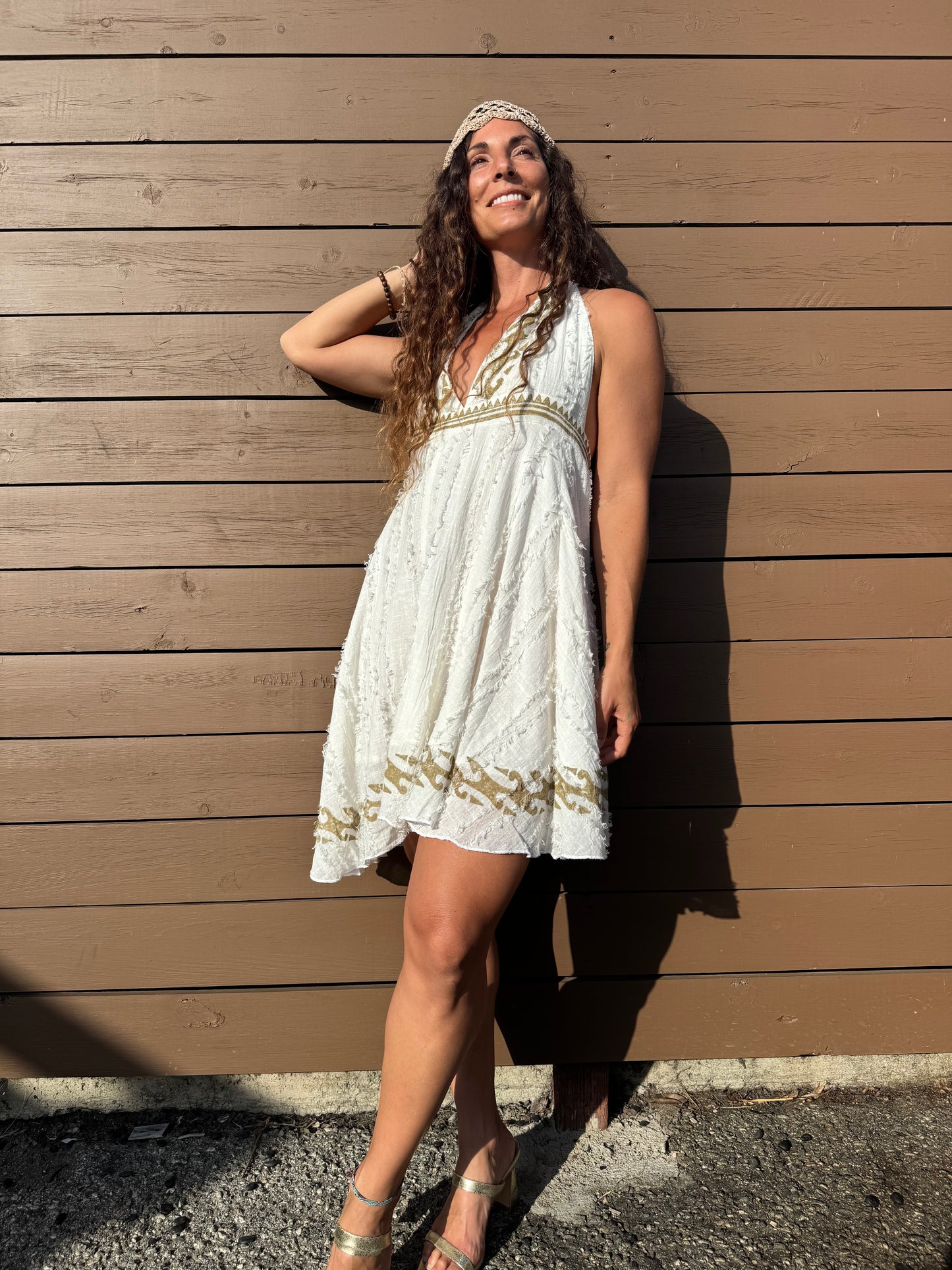 Golden Sands Halter Mini Dress – Boho Cotton Sundress with Open Back