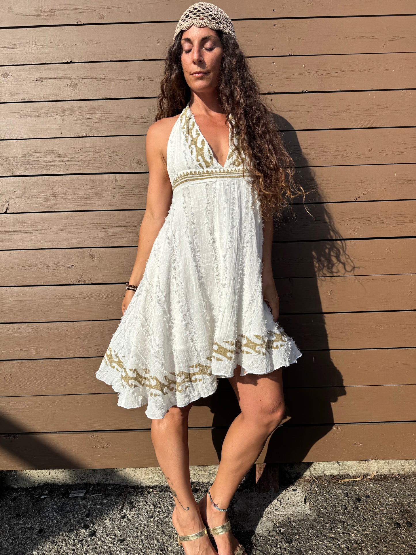 Golden Sands Halter Mini Dress – Boho Cotton Sundress with Open Back