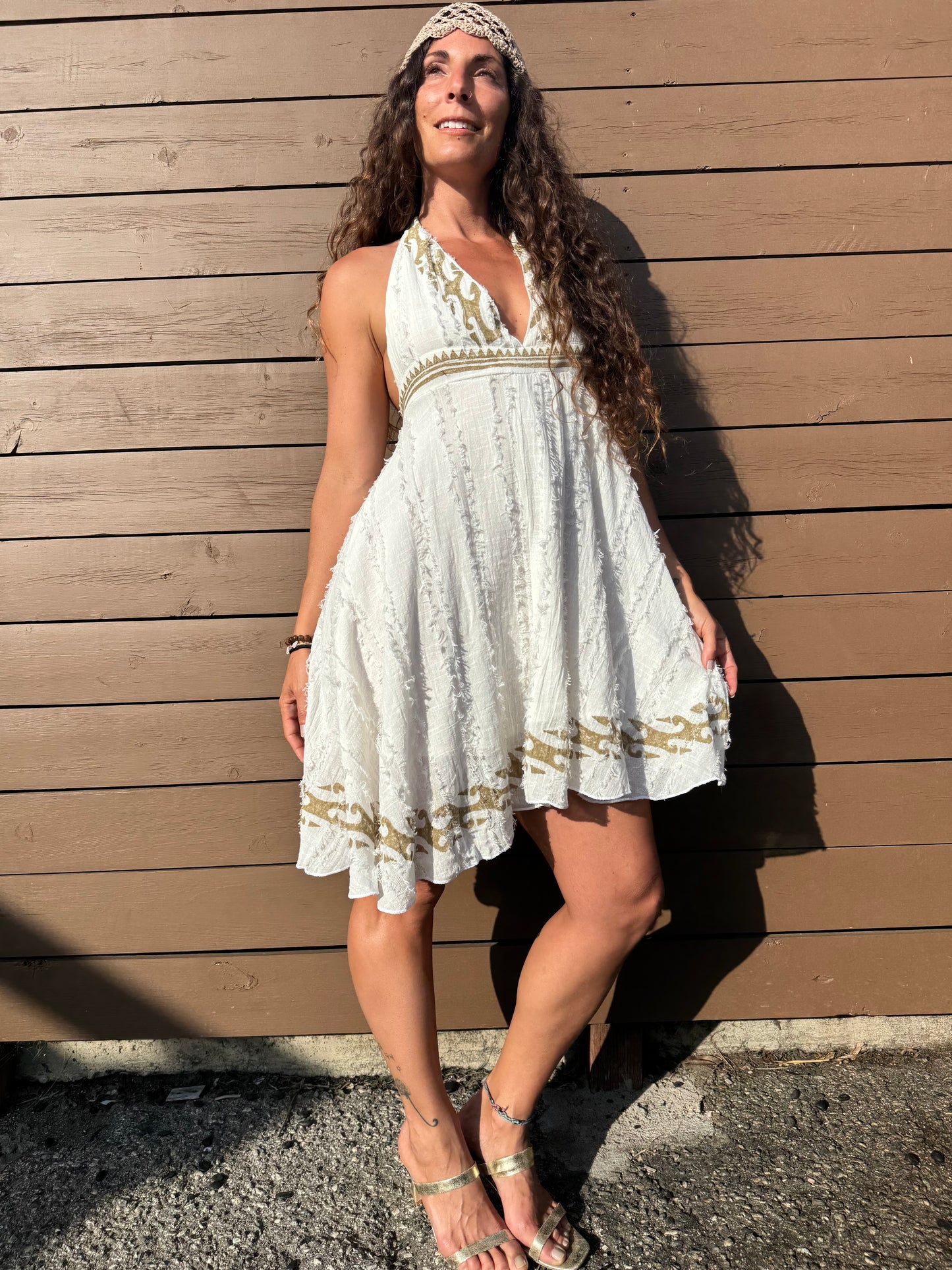 Golden Sands Halter Mini Dress – Boho Cotton Sundress with Open Back
