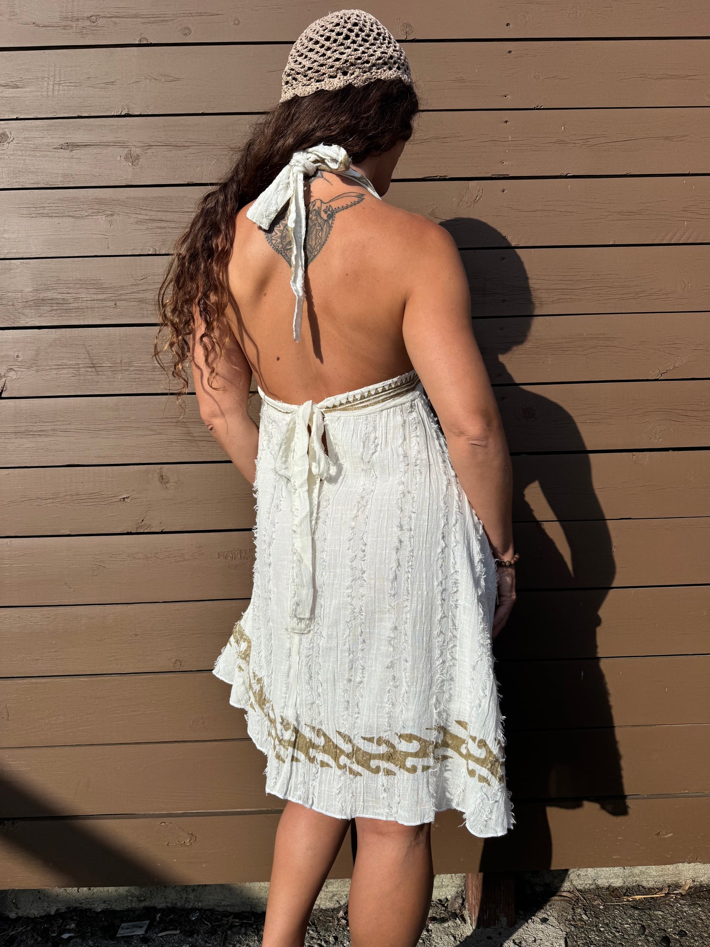 Golden Sands Halter Mini Dress – Boho Cotton Sundress with Open Back