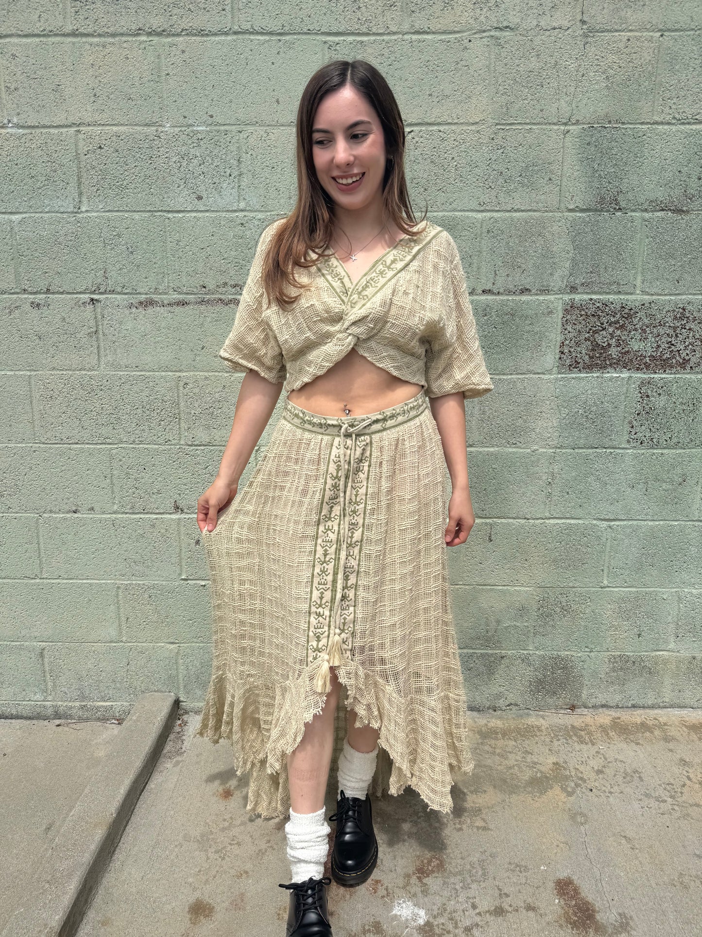 Boho Patchwork Gauze Crop Top &amp; Asymmetrical Skirt Set – One Size – Festival Style Two Piece Outfit