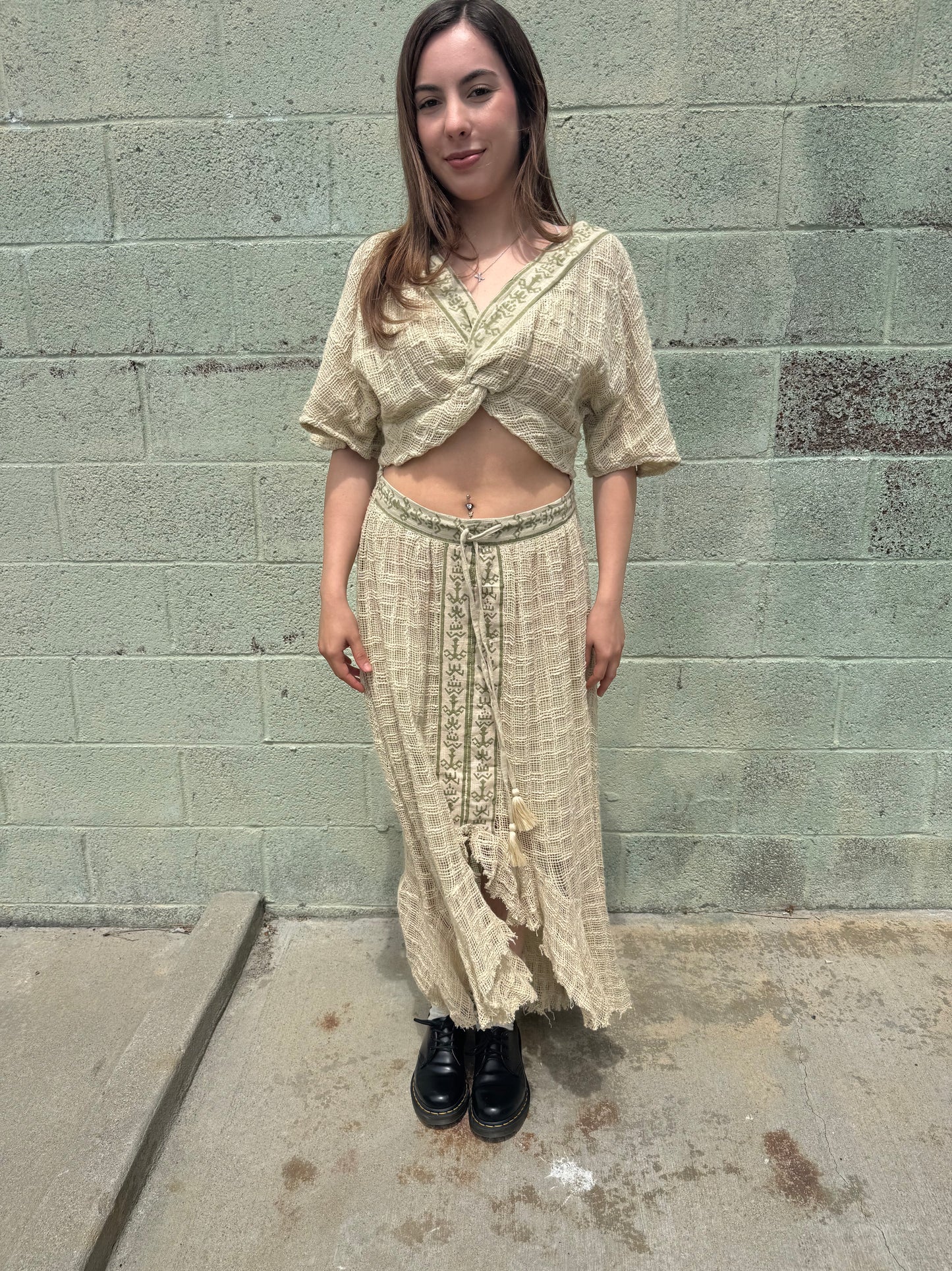 Boho Patchwork Gauze Crop Top &amp; Asymmetrical Skirt Set – One Size – Festival Style Two Piece Outfit