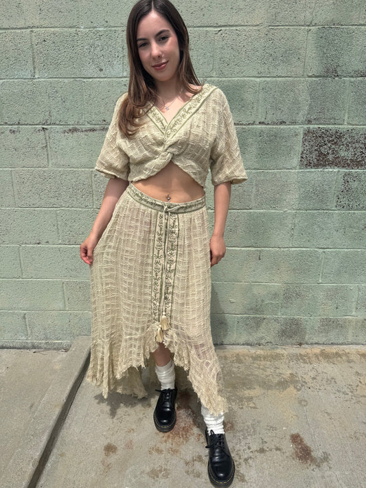Boho Patchwork Gauze Crop Top &amp; Asymmetrical Skirt Set – One Size – Festival Style Two Piece Outfit