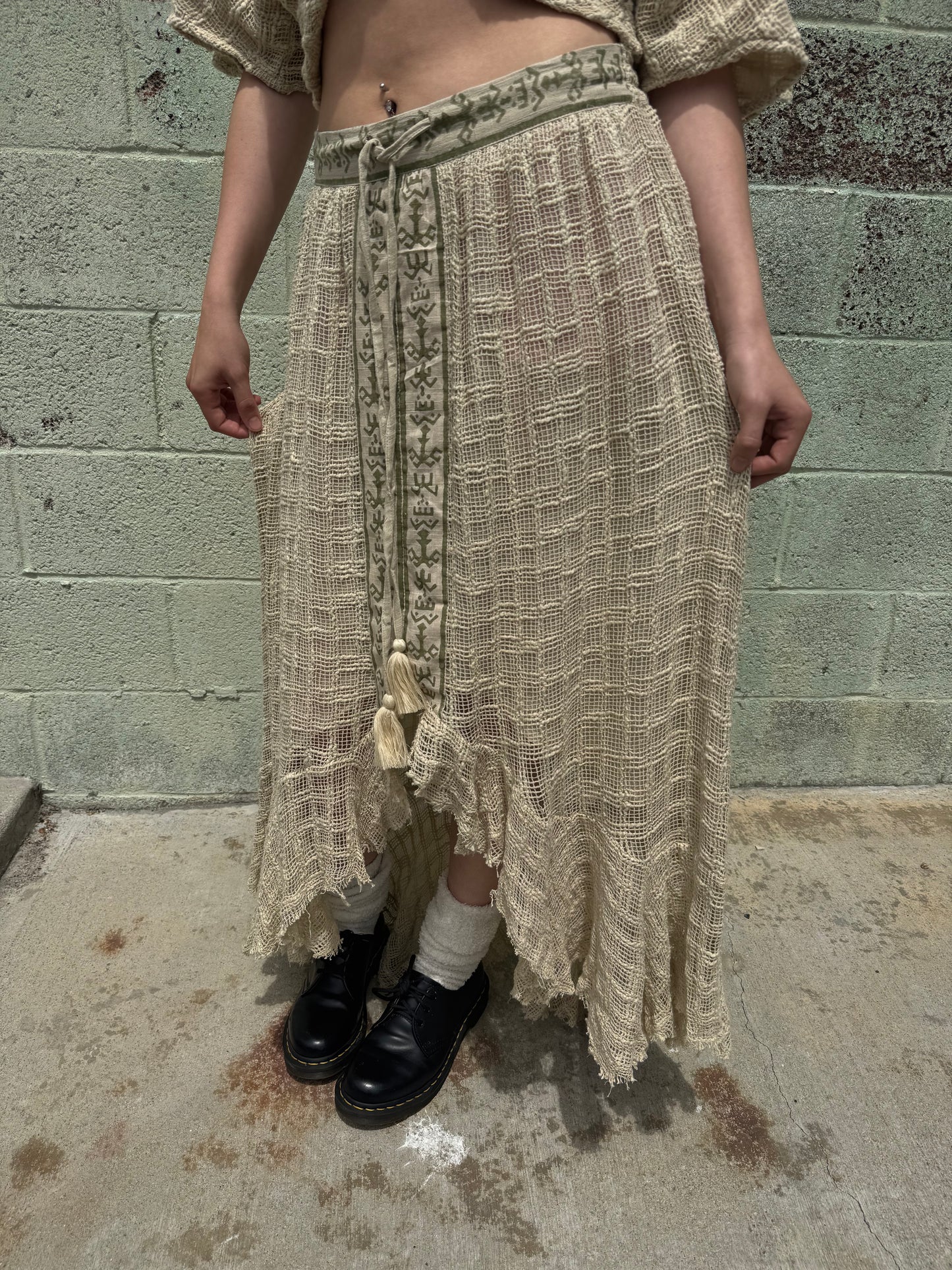 Boho Patchwork Gauze Crop Top &amp; Asymmetrical Skirt Set – One Size – Festival Style Two Piece Outfit
