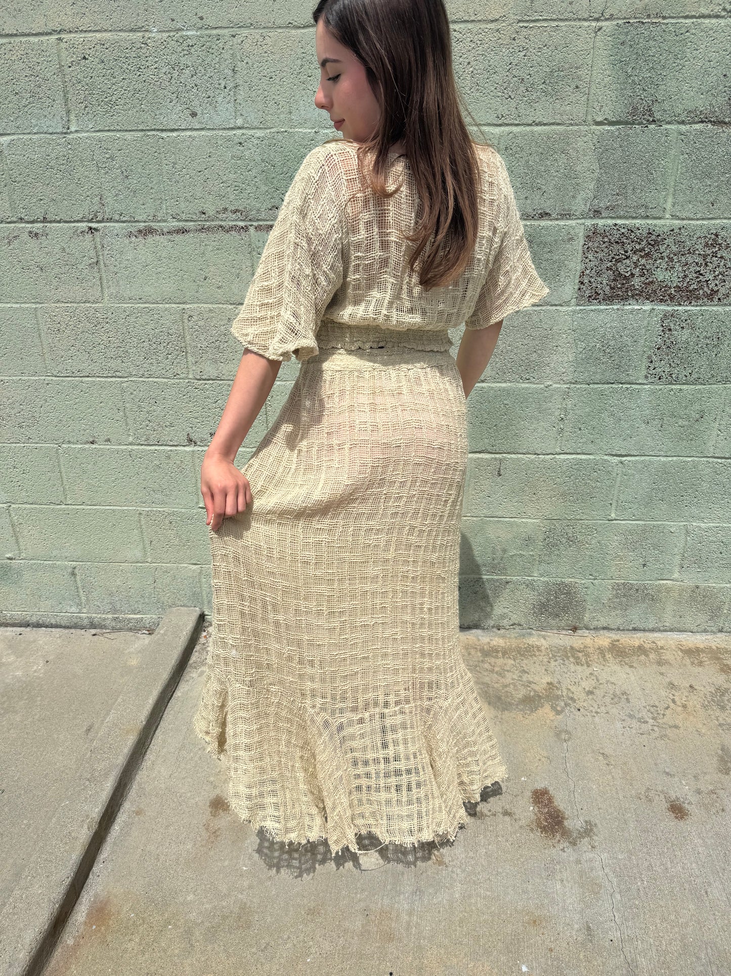 Boho Patchwork Gauze Crop Top &amp; Asymmetrical Skirt Set – One Size – Festival Style Two Piece Outfit