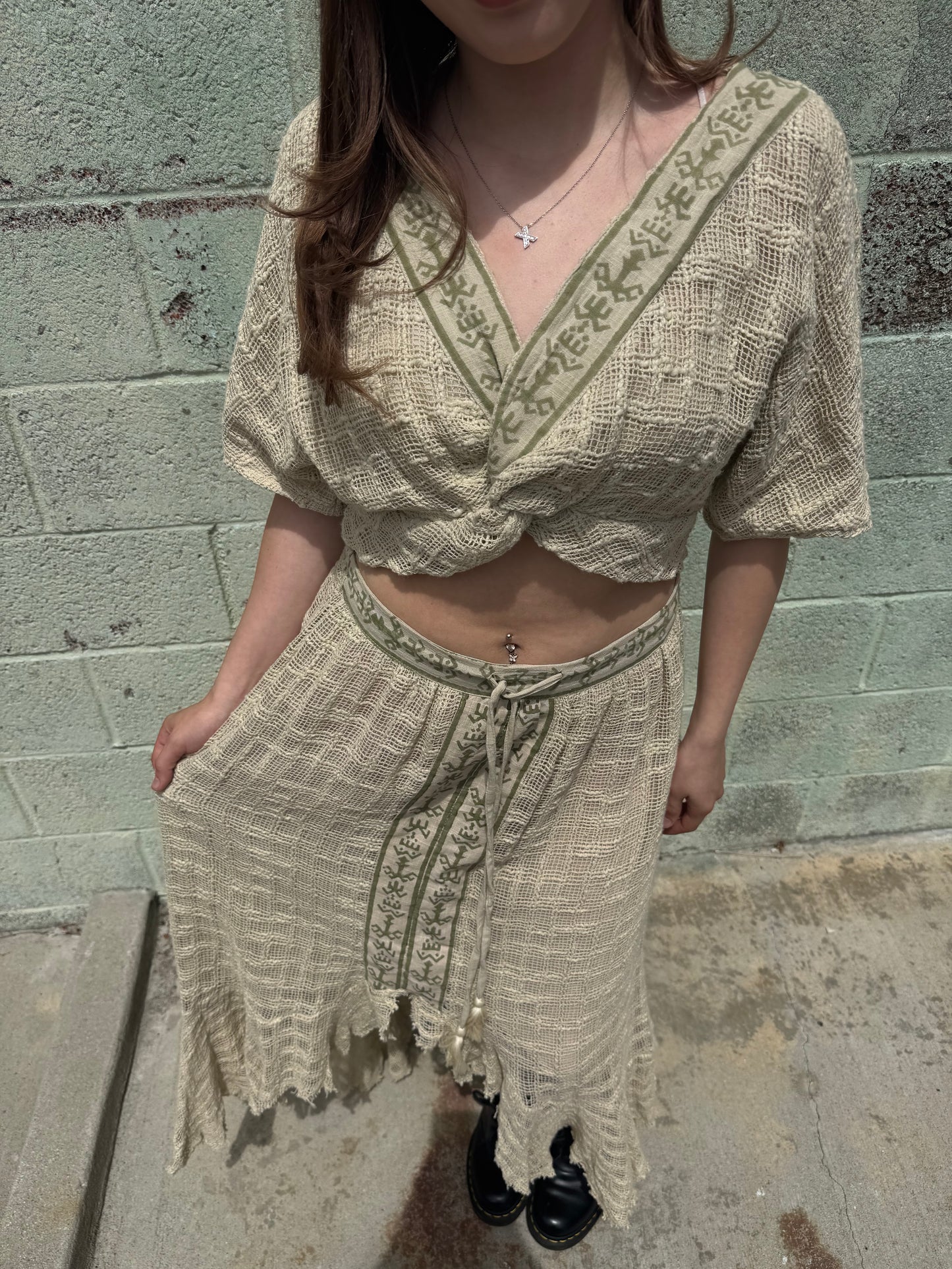 Boho Patchwork Gauze Crop Top &amp; Asymmetrical Skirt Set – One Size – Festival Style Two Piece Outfit