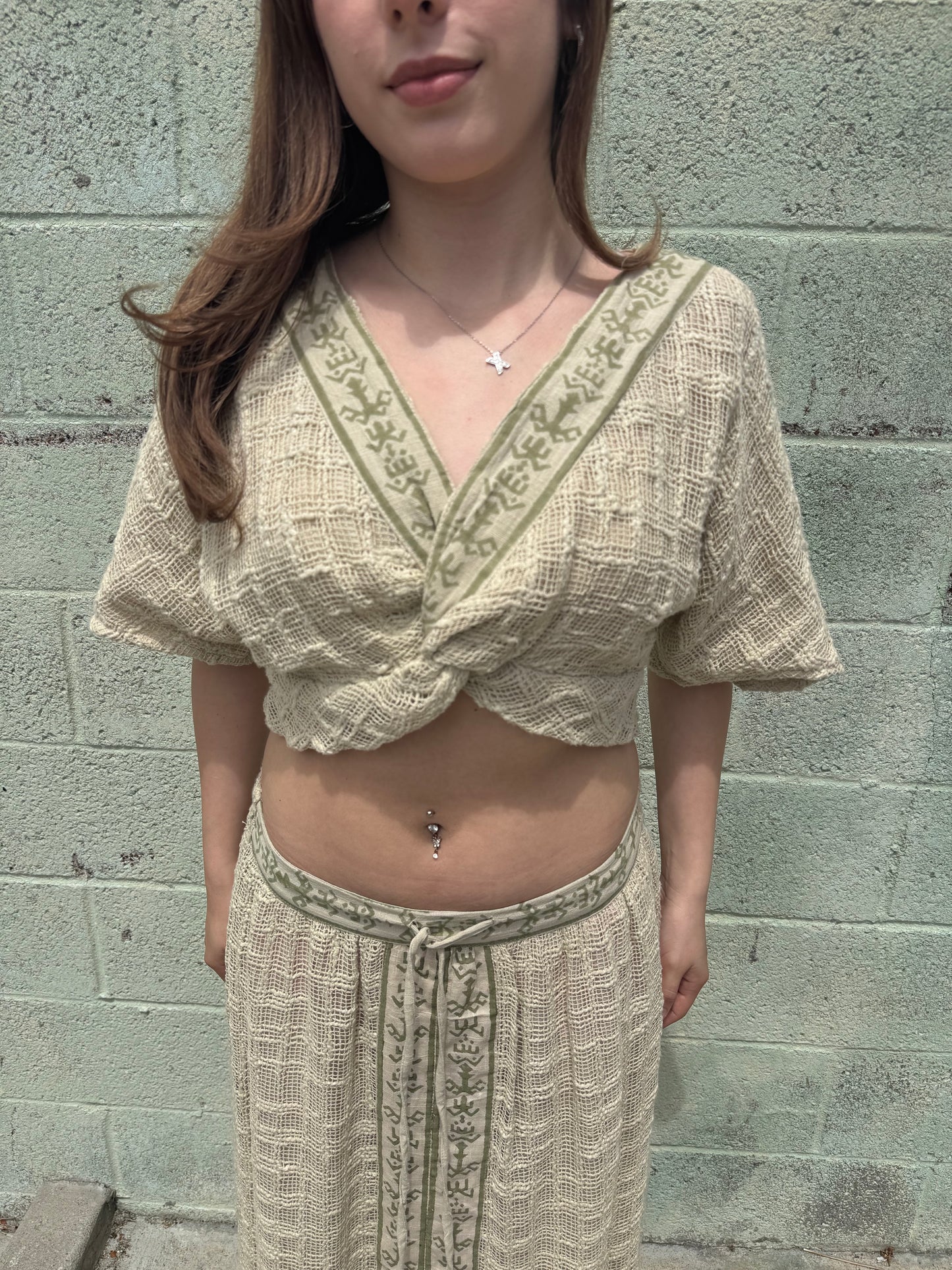 Boho Patchwork Gauze Crop Top &amp; Asymmetrical Skirt Set – One Size – Festival Style Two Piece Outfit