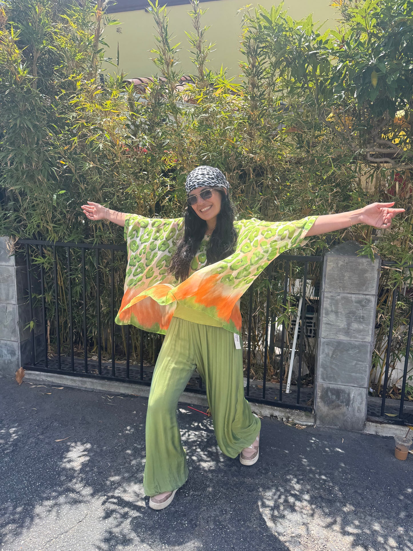 Silk Leopard Print Top – Lime Green &amp; Orange Silk Tunic, One Size Boho Luxury Blouse