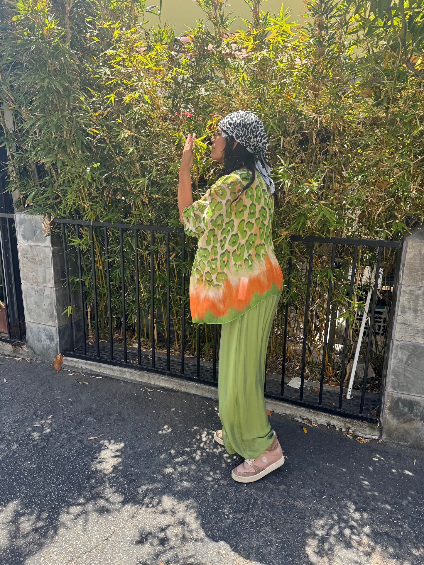 Silk Leopard Print Top – Lime Green &amp; Orange Silk Tunic, One Size Boho Luxury Blouse