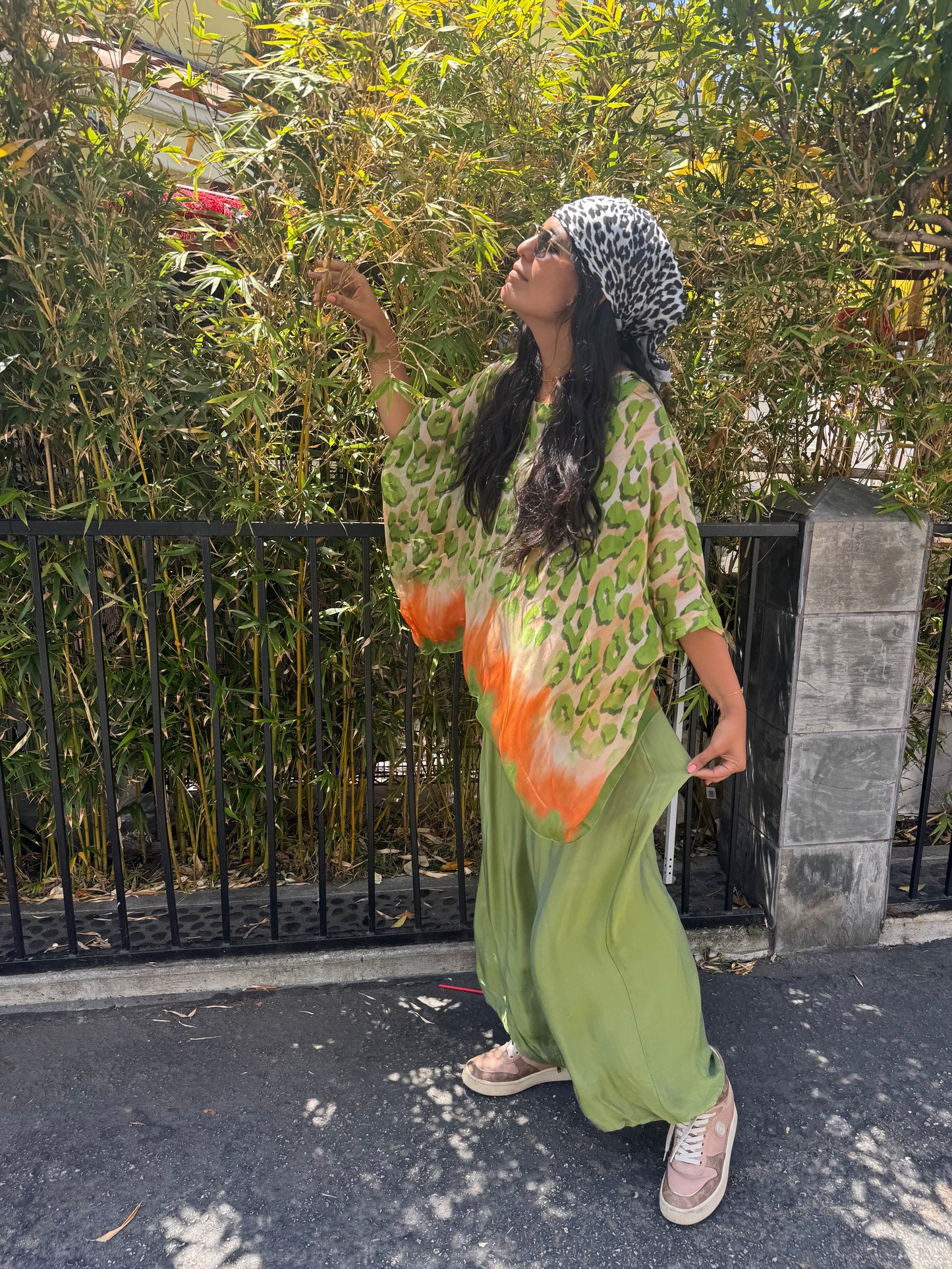 Silk Leopard Print Top – Lime Green &amp; Orange Silk Tunic, One Size Boho Luxury Blouse