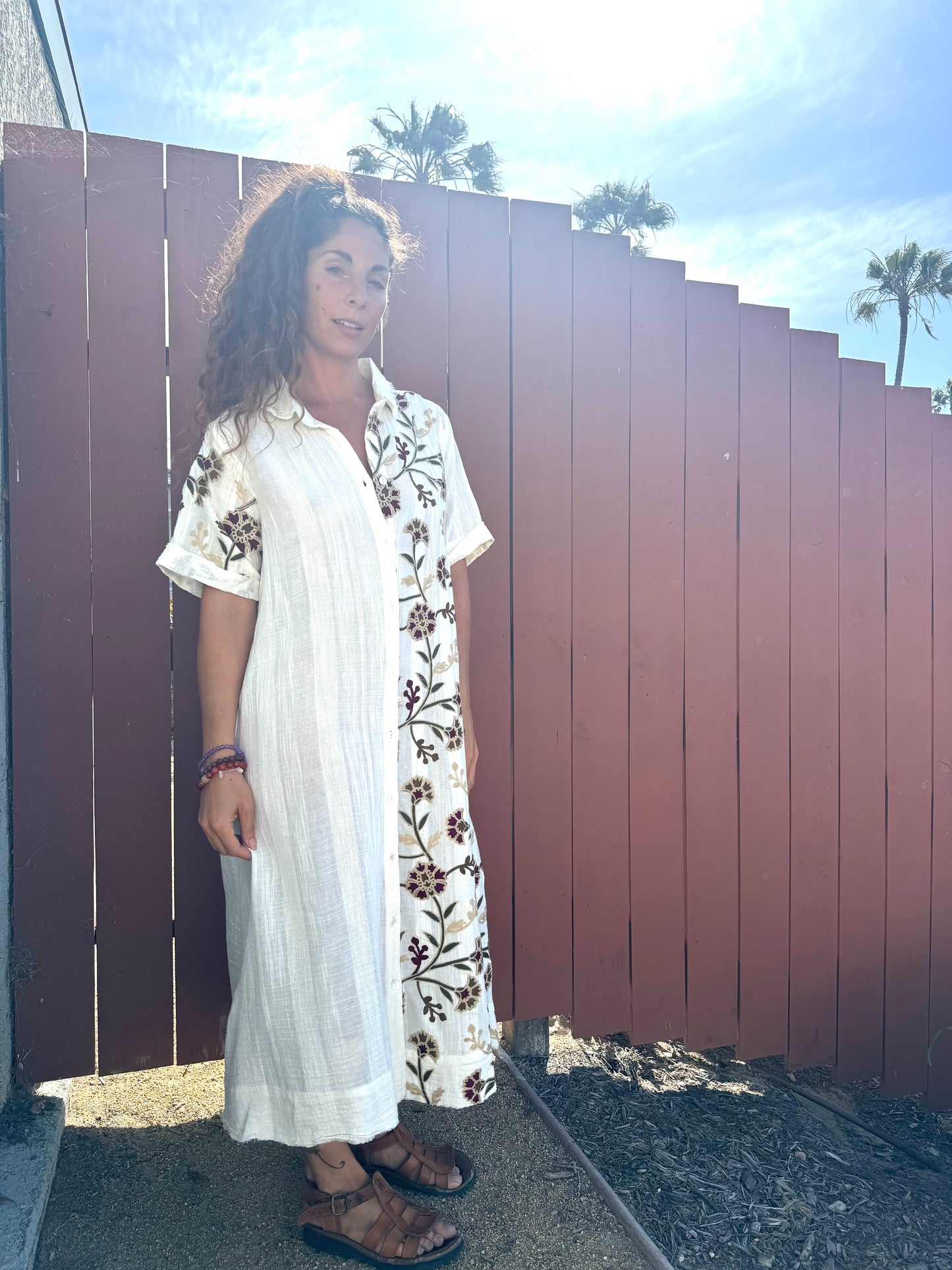 Embroidered Cotton Shirt Dress | Boho Maxi Dress | Button Front | One Size
