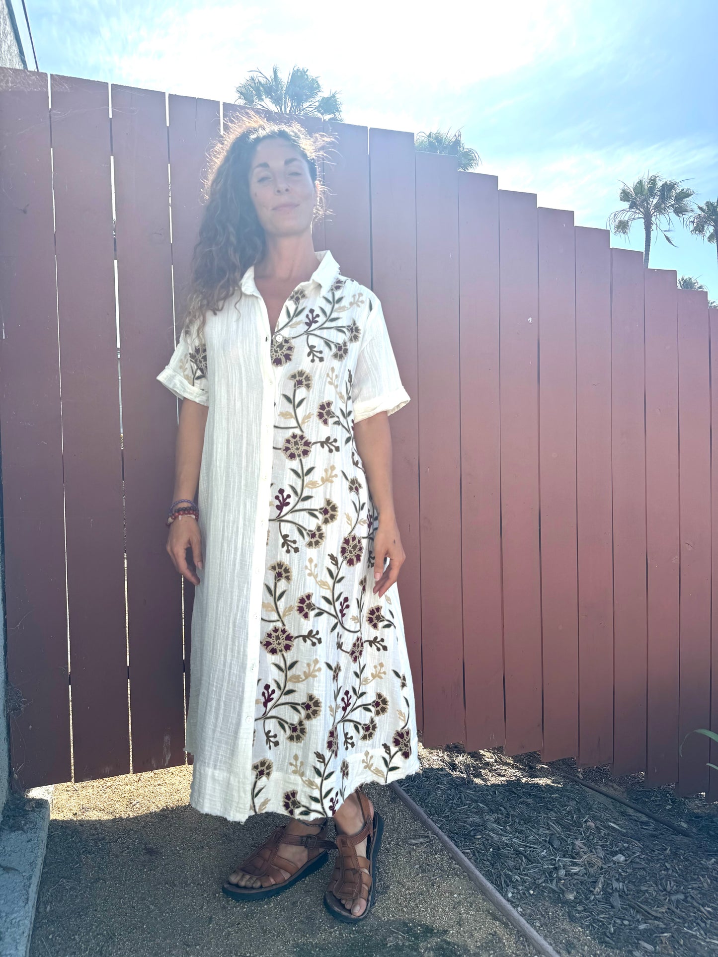 Embroidered Cotton Shirt Dress | Boho Maxi Dress | Button Front | One Size