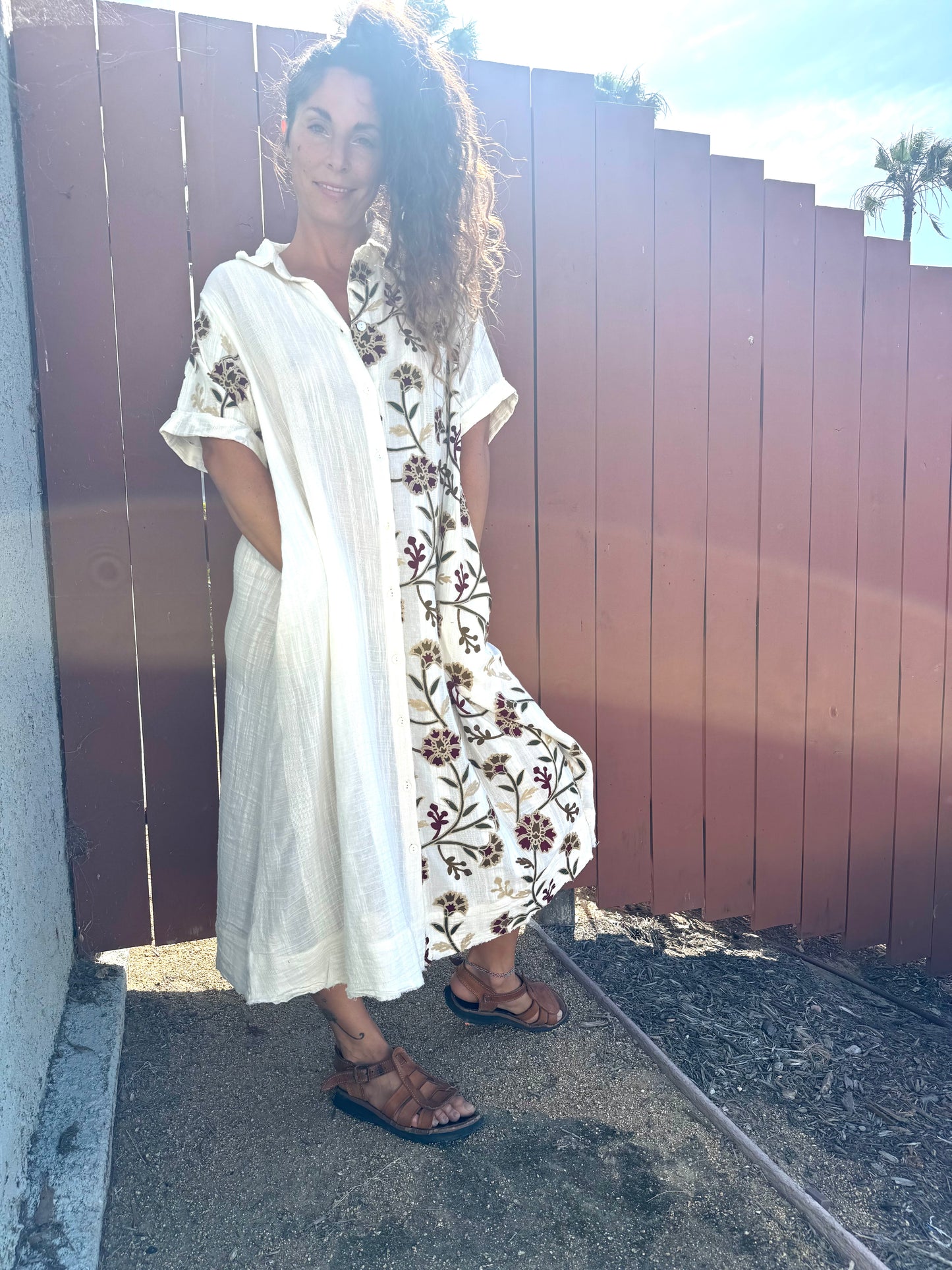 Embroidered Cotton Shirt Dress | Boho Maxi Dress | Button Front | One Size