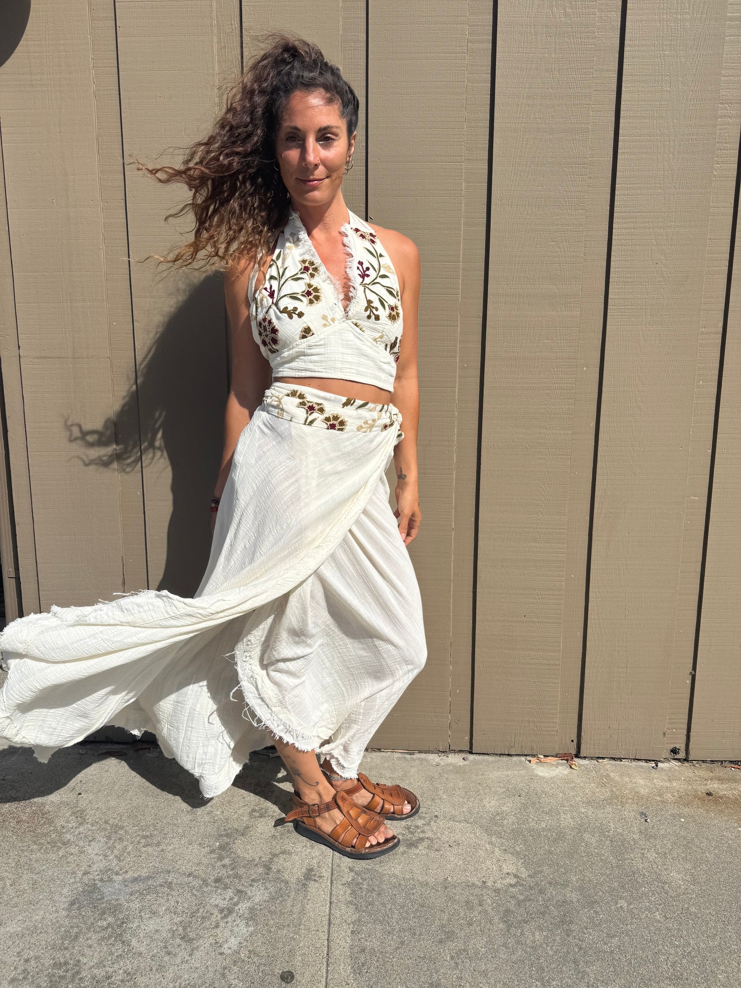 Boho Embroidered Two-Piece Maxi Skirt Set | White Cotton Crop Top &amp; Wrap Skirt | Resort Wear | Festival Outfit | Handmade Style