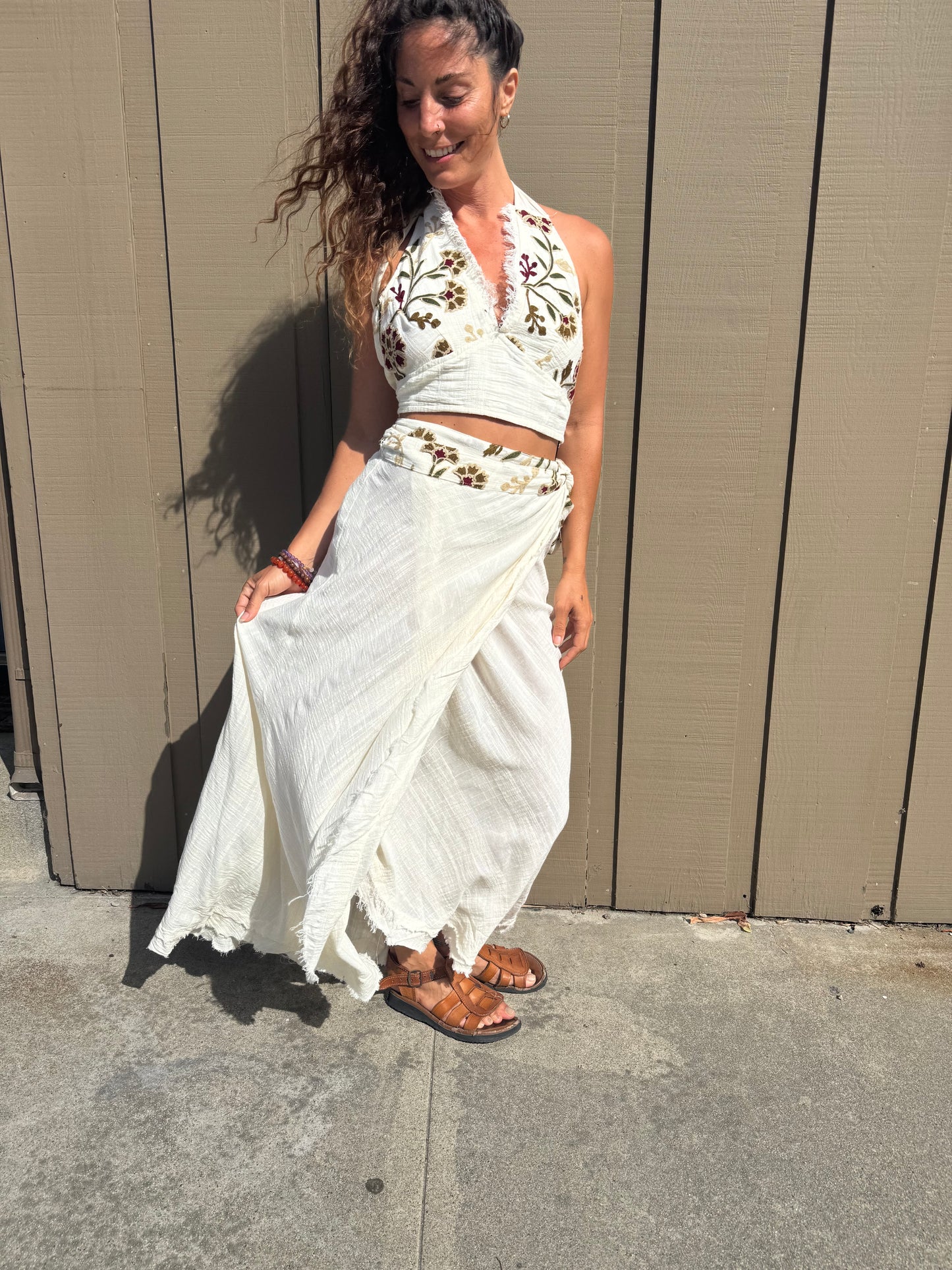 Boho Embroidered Two-Piece Maxi Skirt Set | White Cotton Crop Top &amp; Wrap Skirt | Resort Wear | Festival Outfit | Handmade Style