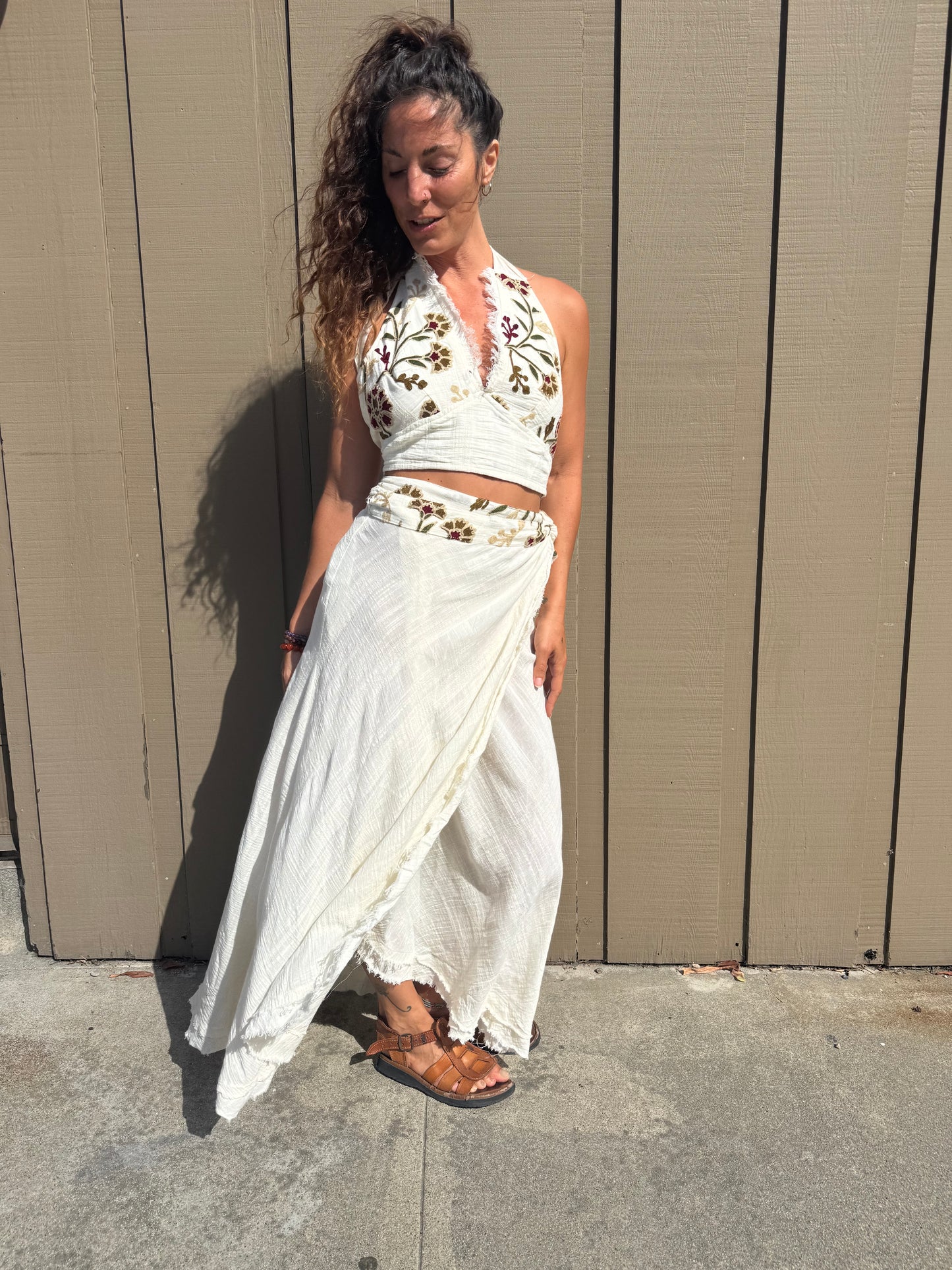 Boho Embroidered Two-Piece Maxi Skirt Set | White Cotton Crop Top &amp; Wrap Skirt | Resort Wear | Festival Outfit | Handmade Style