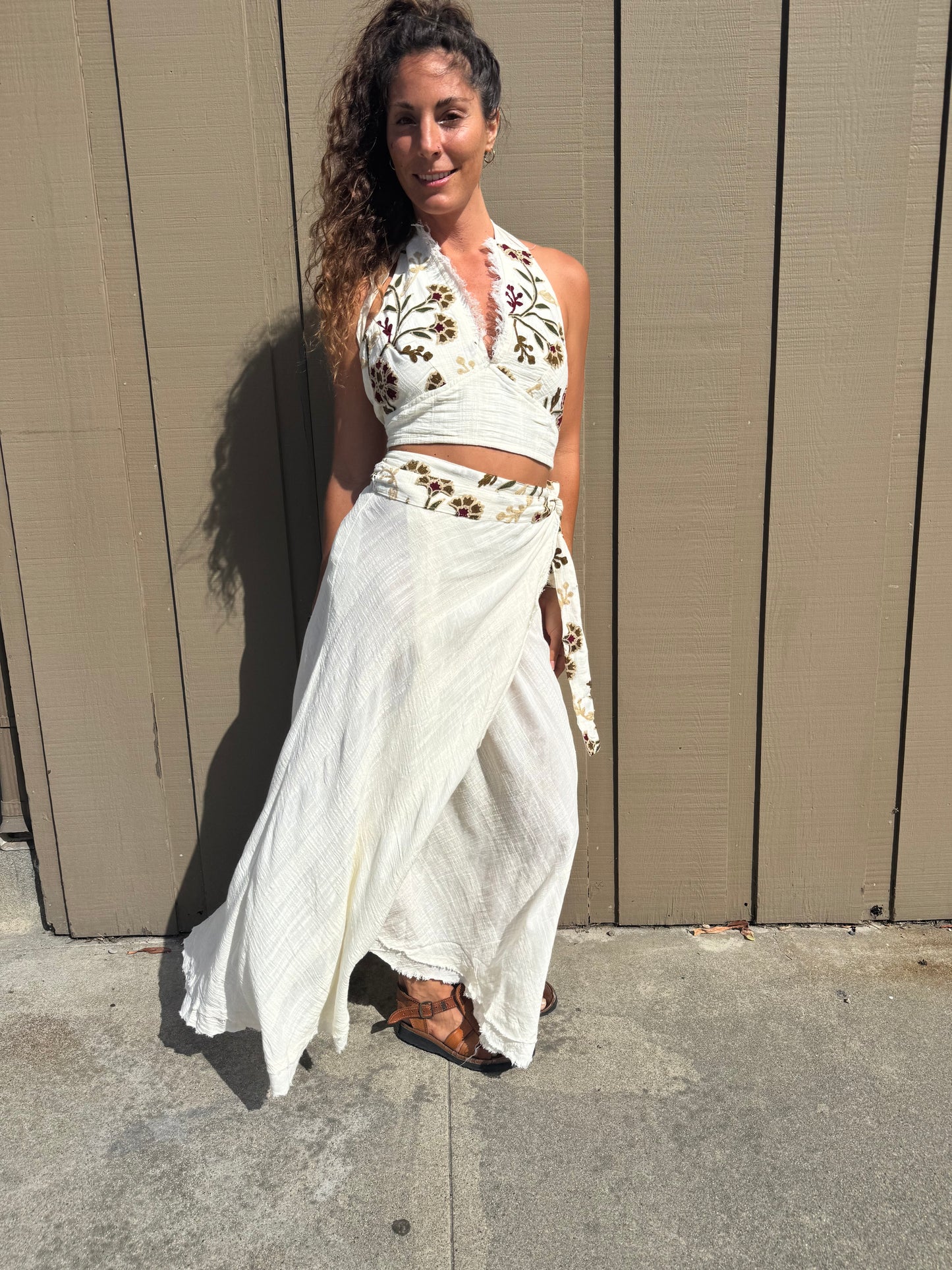 Boho Embroidered Two-Piece Maxi Skirt Set | White Cotton Crop Top &amp; Wrap Skirt | Resort Wear | Festival Outfit | Handmade Style