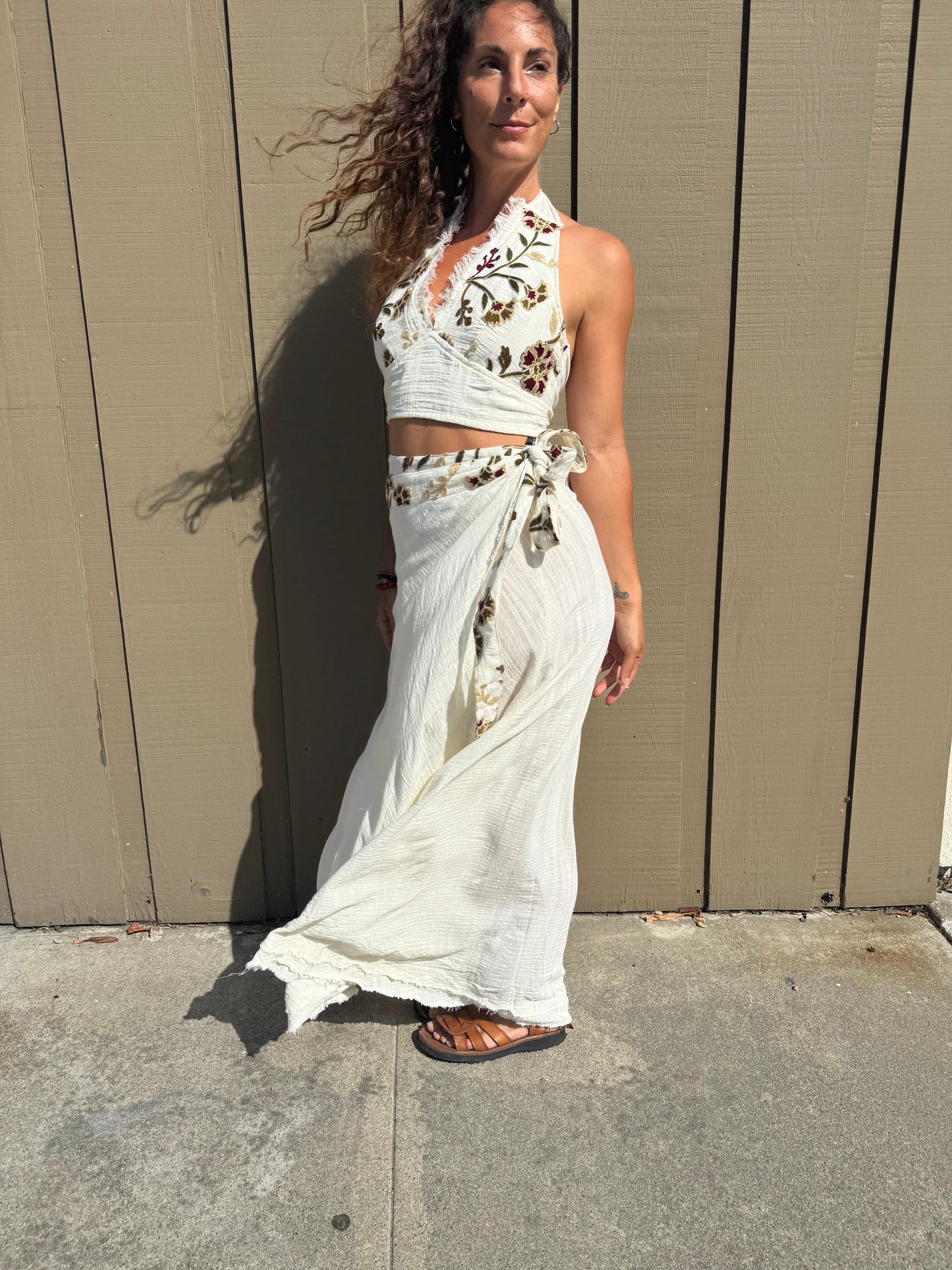 Boho Embroidered Two-Piece Maxi Skirt Set | White Cotton Crop Top &amp; Wrap Skirt | Resort Wear | Festival Outfit | Handmade Style
