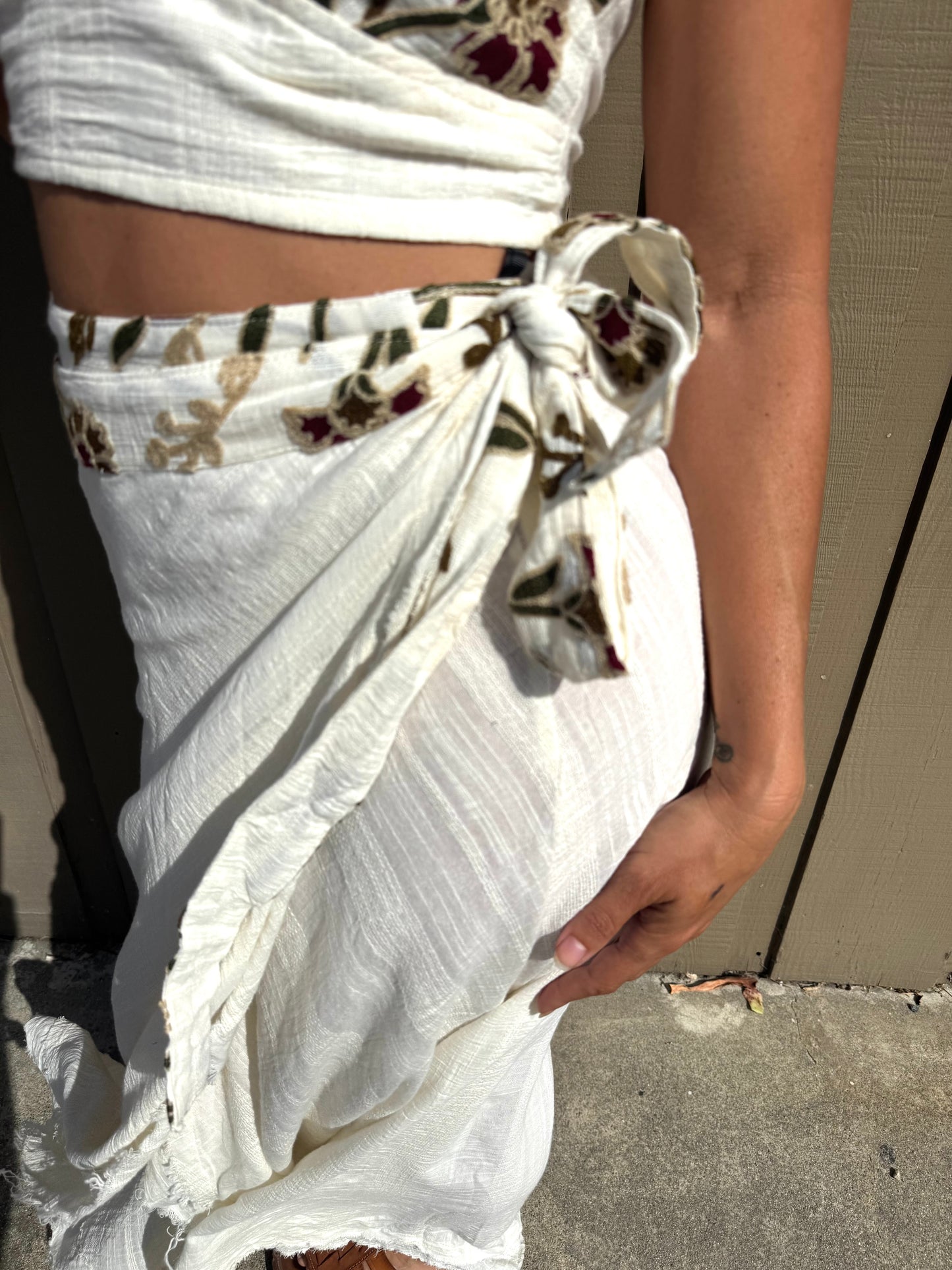 Boho Embroidered Two-Piece Maxi Skirt Set | White Cotton Crop Top &amp; Wrap Skirt | Resort Wear | Festival Outfit | Handmade Style
