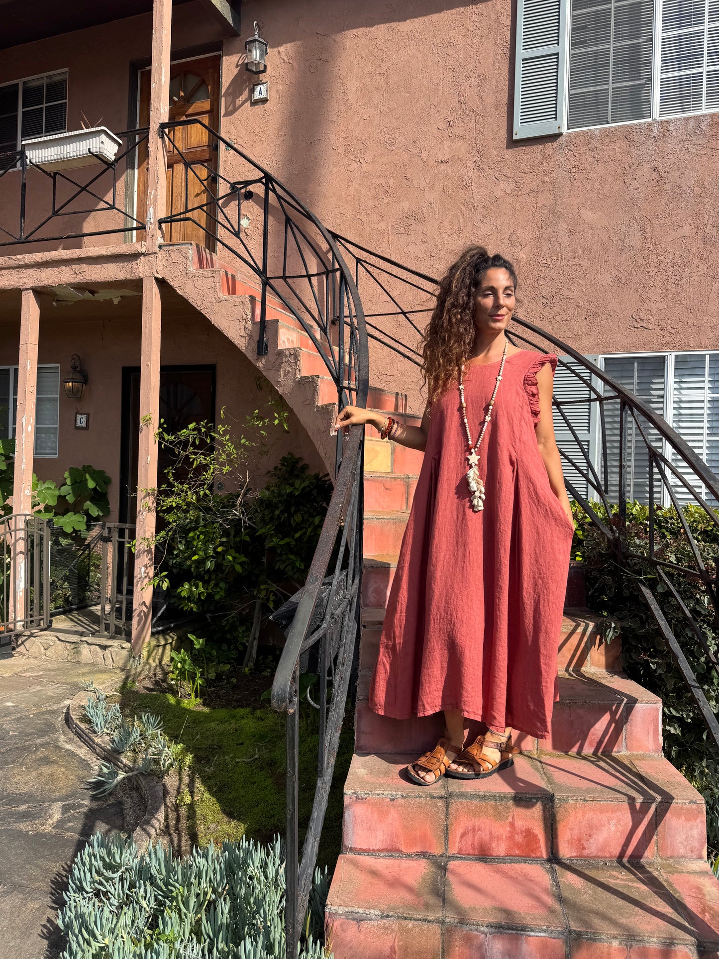 Linen Maxi Dress – Boho Sleeveless Dress with Ruffle Shoulders | Relaxed Fit Midi Maxi Dress | Made in Italy