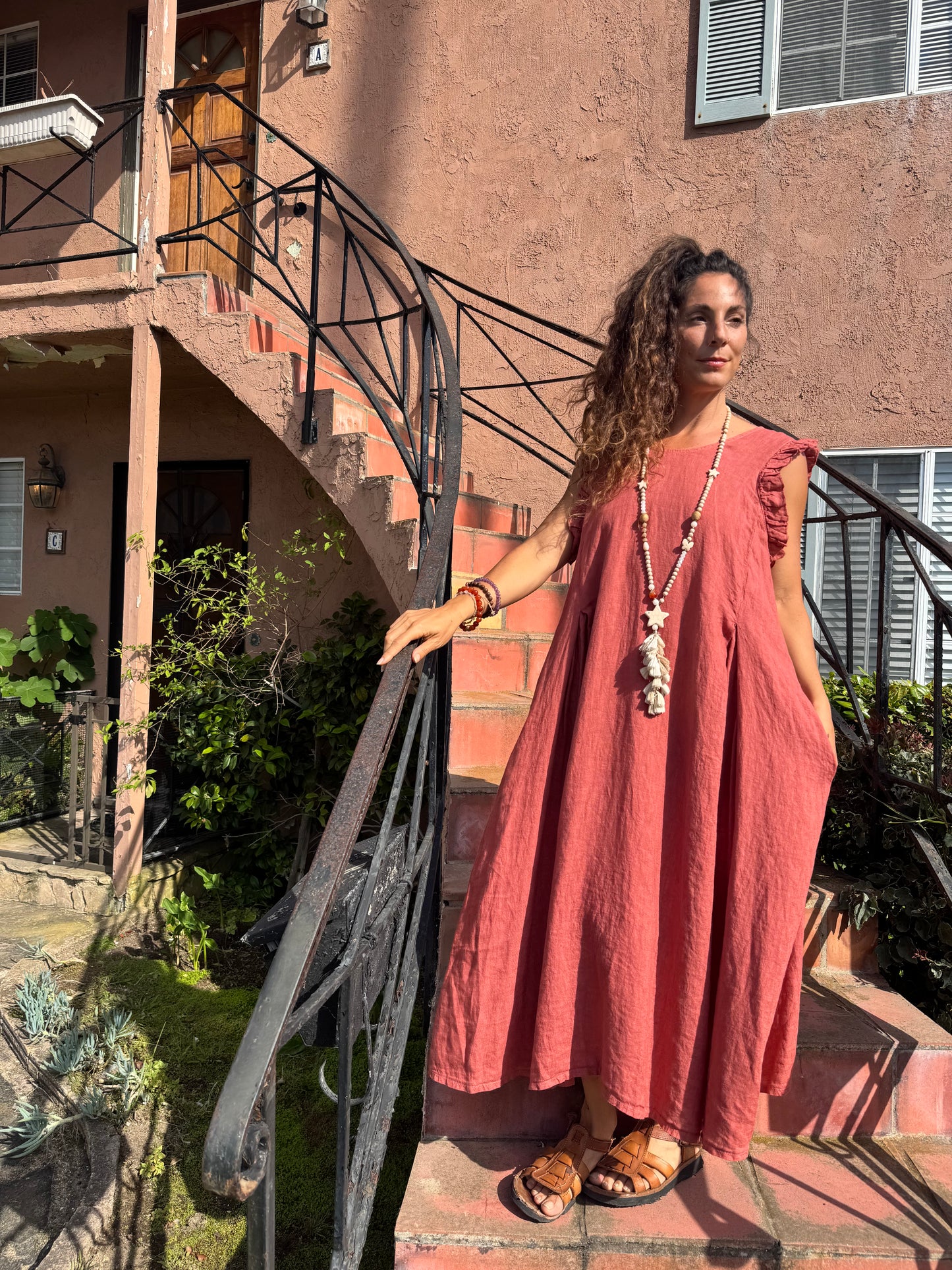 Linen Maxi Dress – Boho Sleeveless Dress with Ruffle Shoulders | Relaxed Fit Midi Maxi Dress | Made in Italy