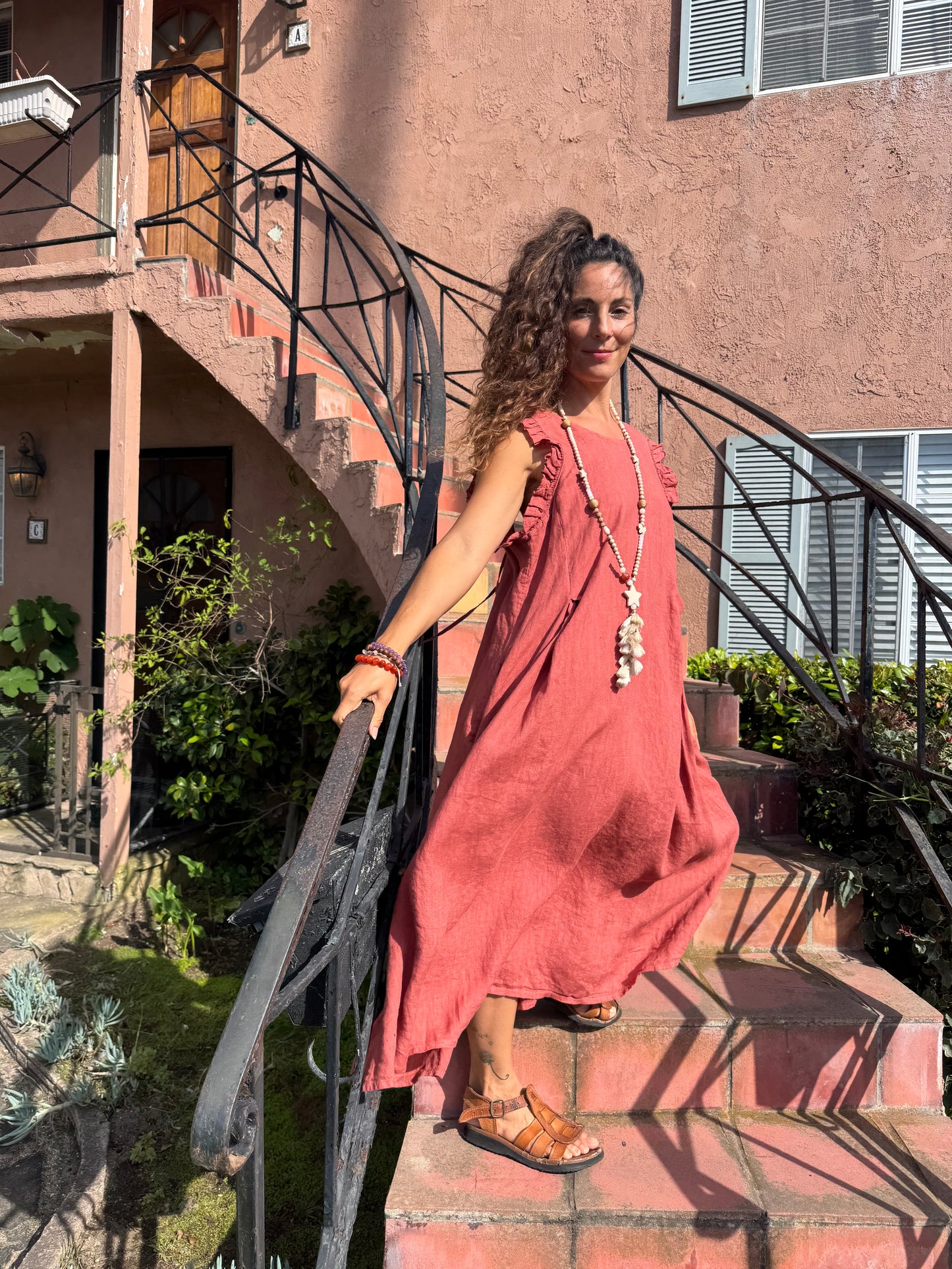Linen Maxi Dress – Boho Sleeveless Dress with Ruffle Shoulders | Relaxed Fit Midi Maxi Dress | Made in Italy