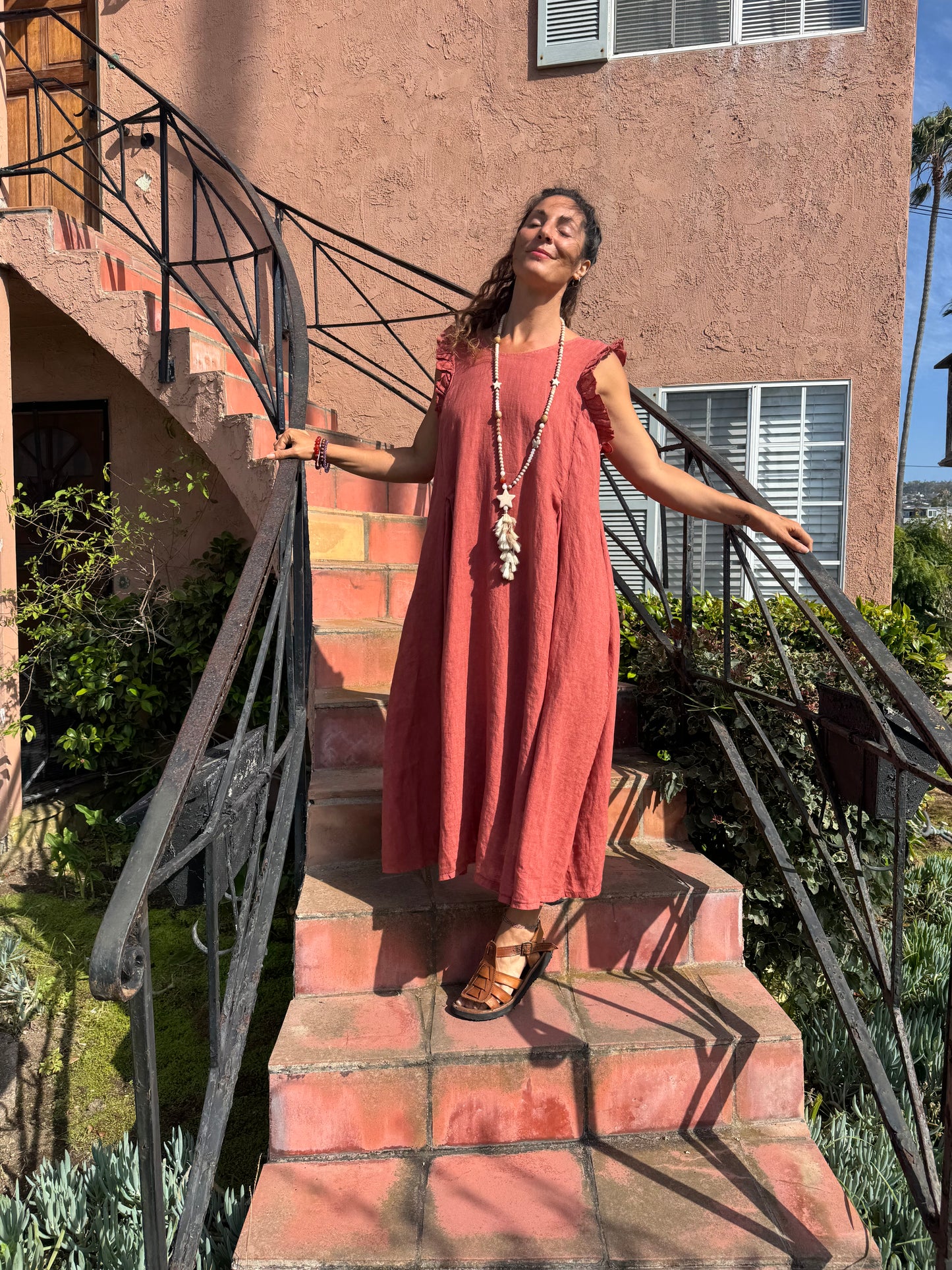 Linen Maxi Dress – Boho Sleeveless Dress with Ruffle Shoulders | Relaxed Fit Midi Maxi Dress | Made in Italy
